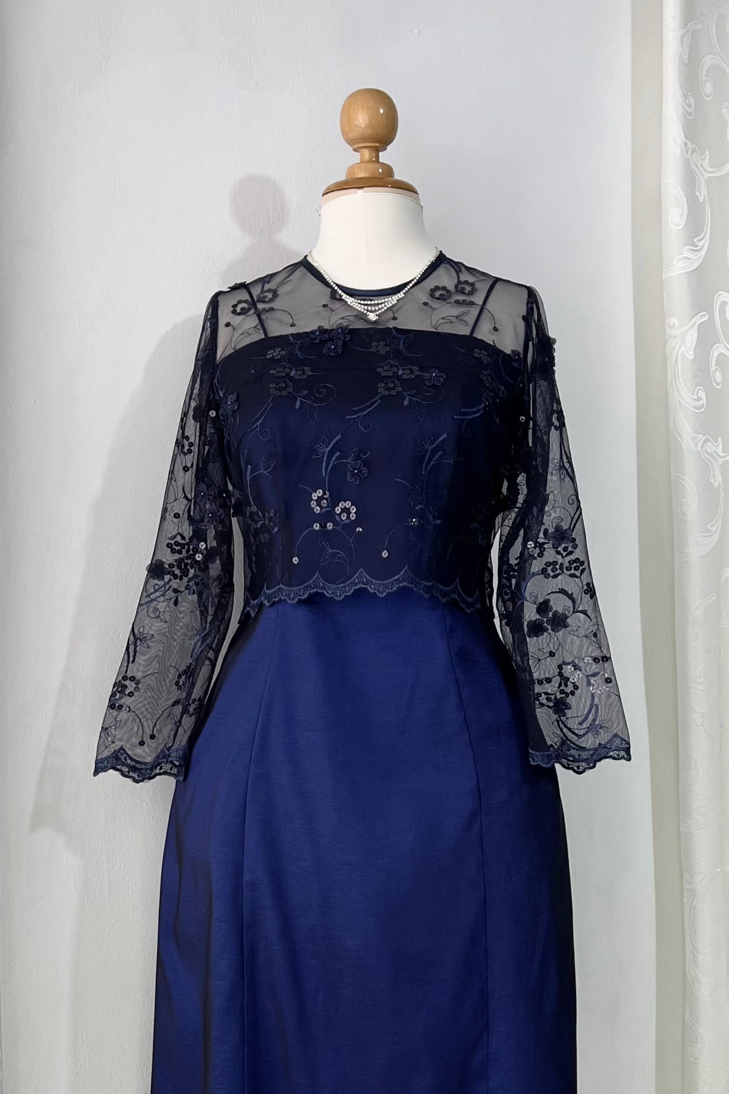 Captivating deep navy blue gown + Mesh cape with embroidery designs- Size M