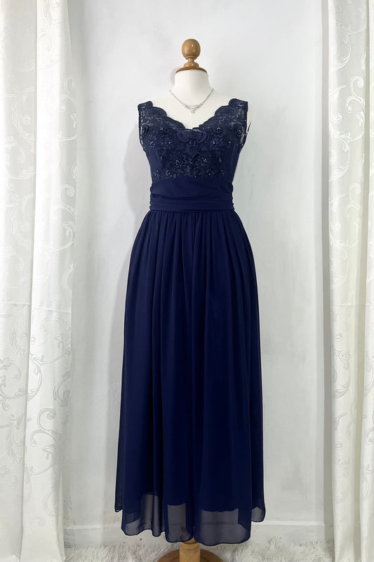 Captivating blue dress with embroidered floral designs and pearls on the chest-Size L
