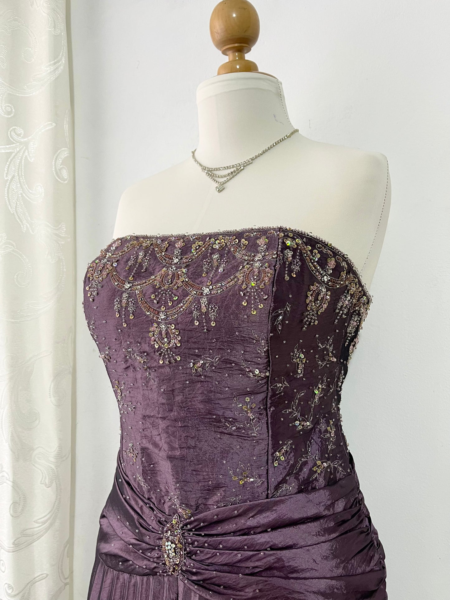 Vintage taffeta evening corset dress with hand embroidered embellishments and rhinestones