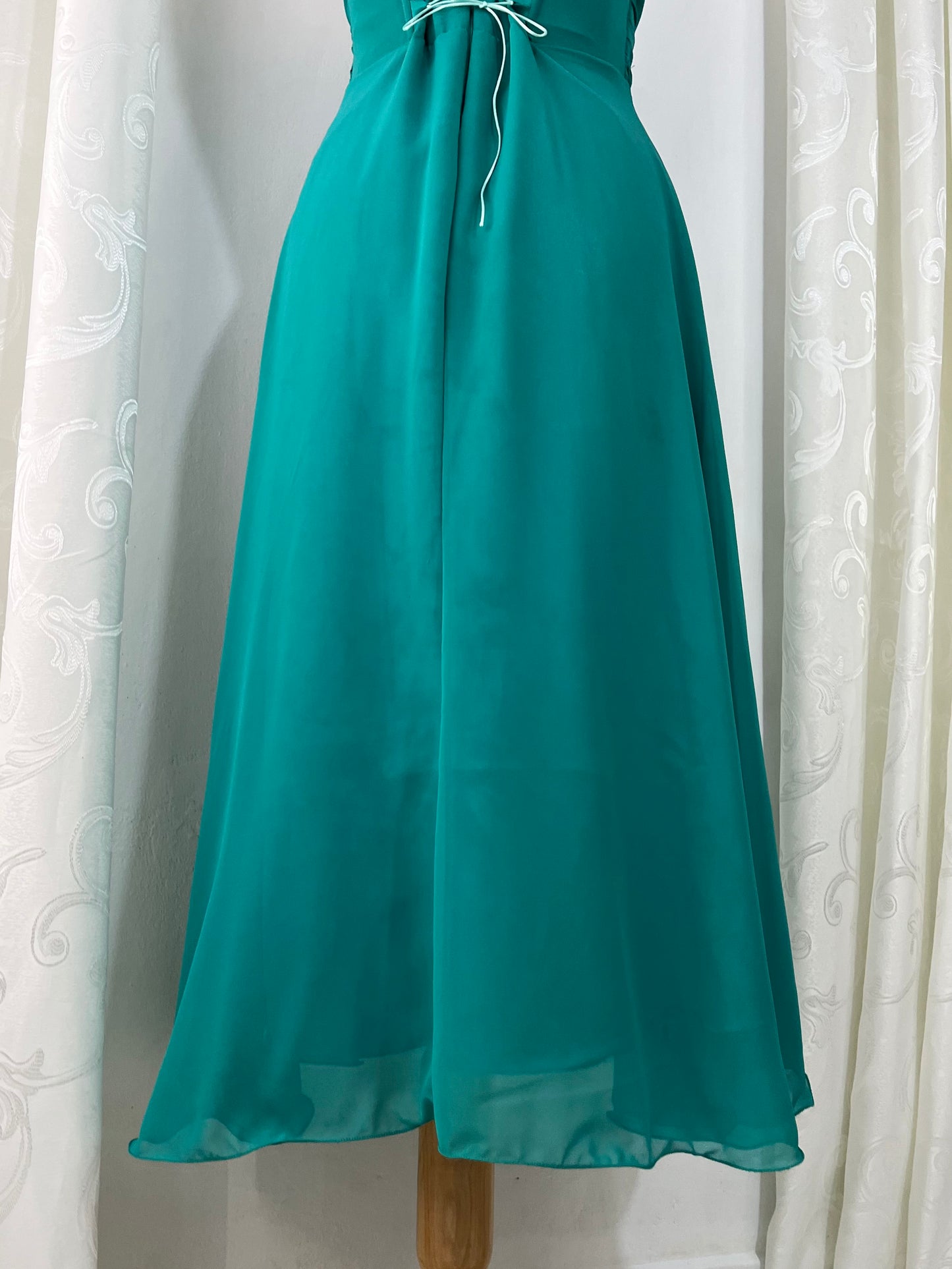 Emerald green gown corset gown with lace bodice and rhinestone details- size M