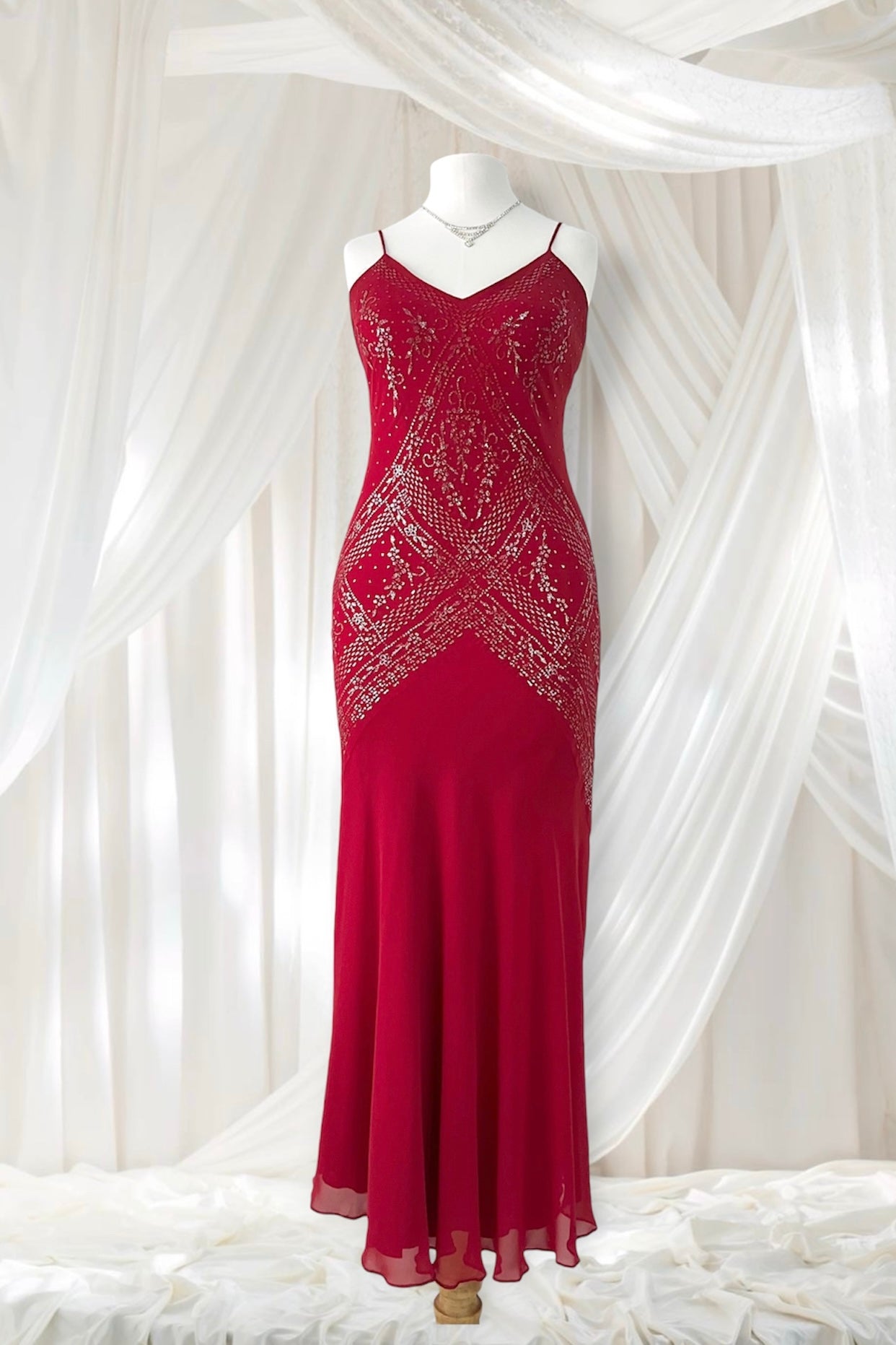 Crimson red ball gown with silver embellishments-size S/M
