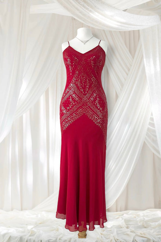 Crimson red ball gown with silver embellishments-size S/M