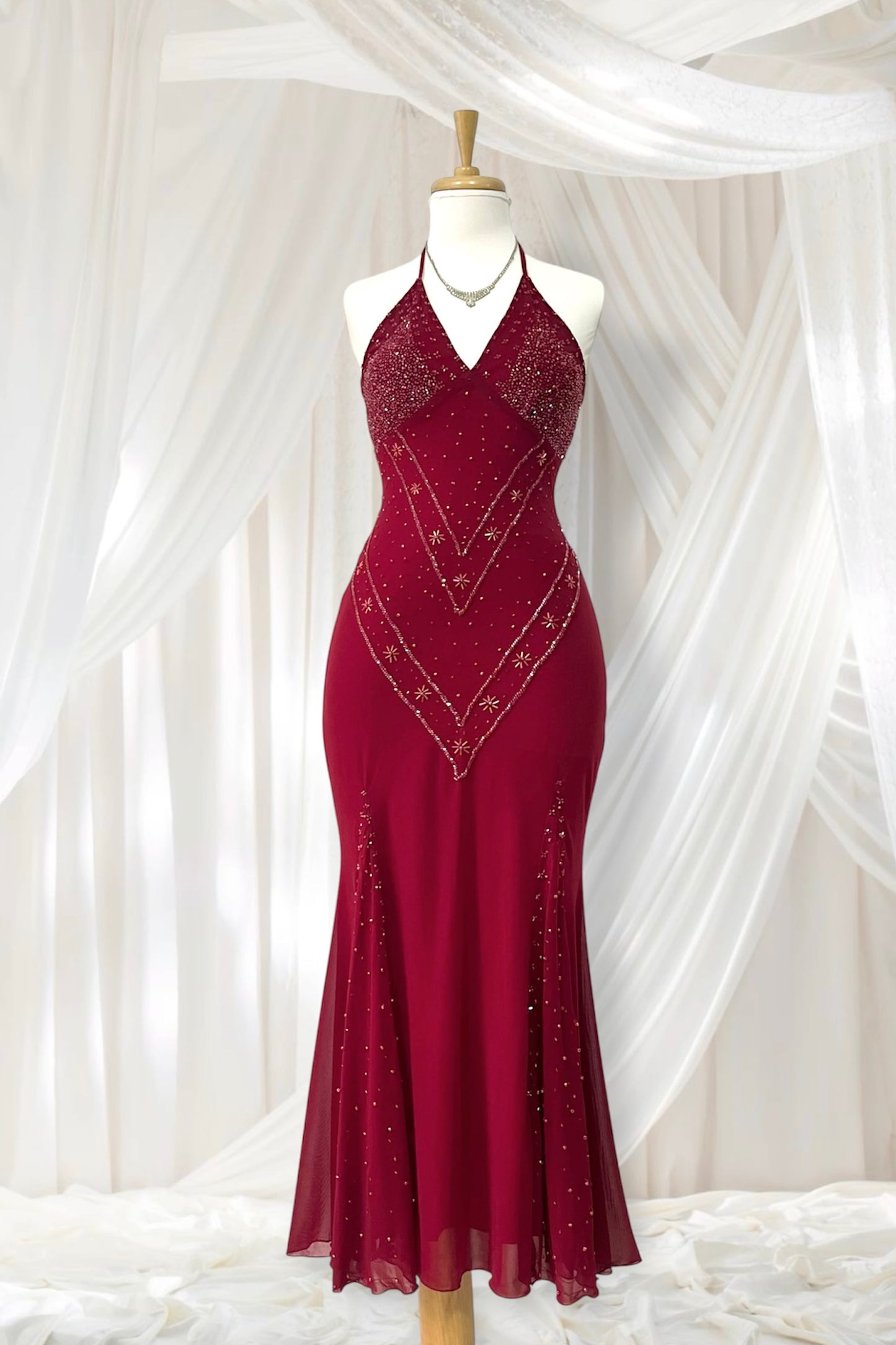 Red dress with rhinestone and fine sequin embroidery