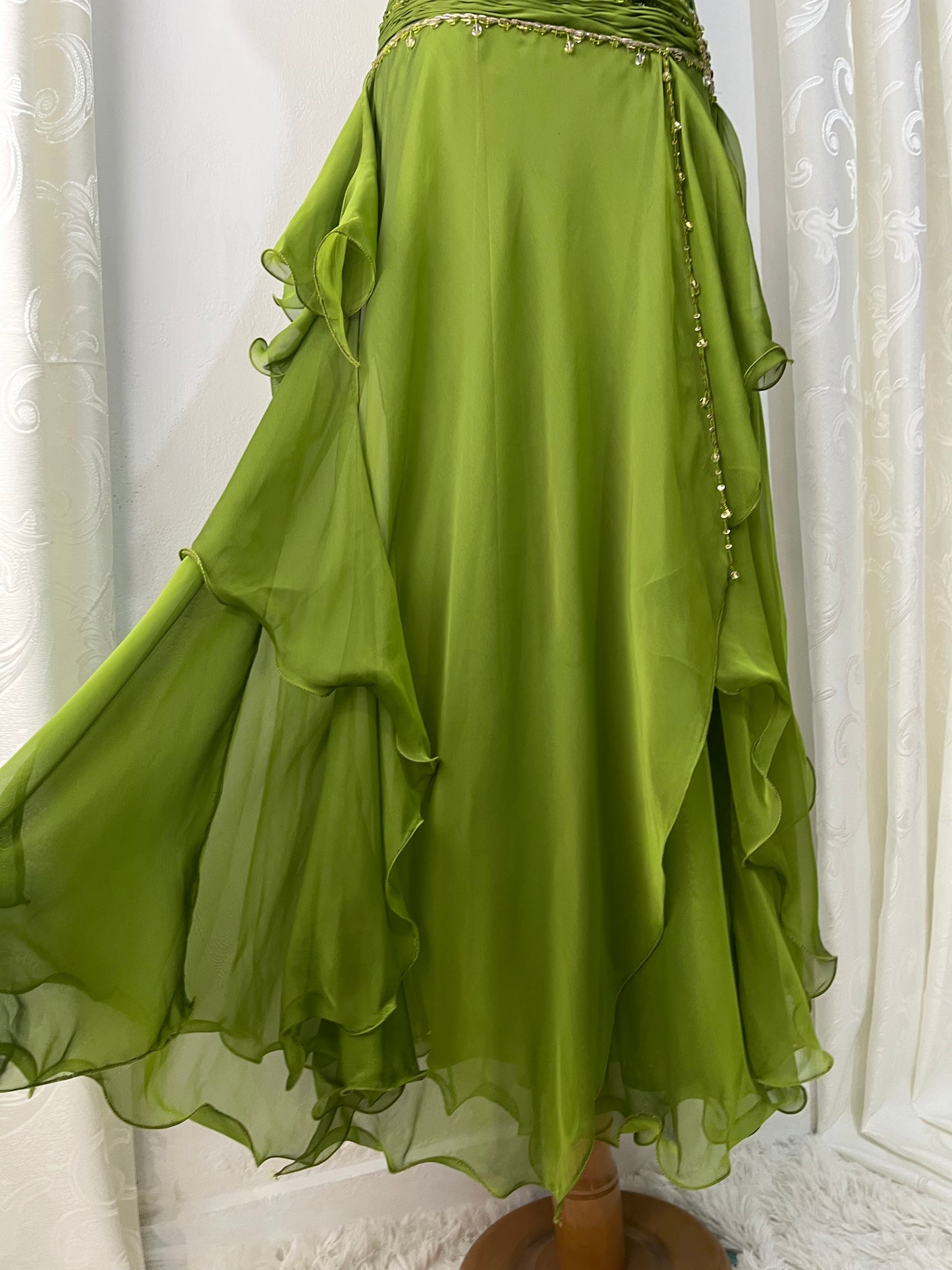 Dreamy fairy olive green dress with rhinestone and bead embroidery