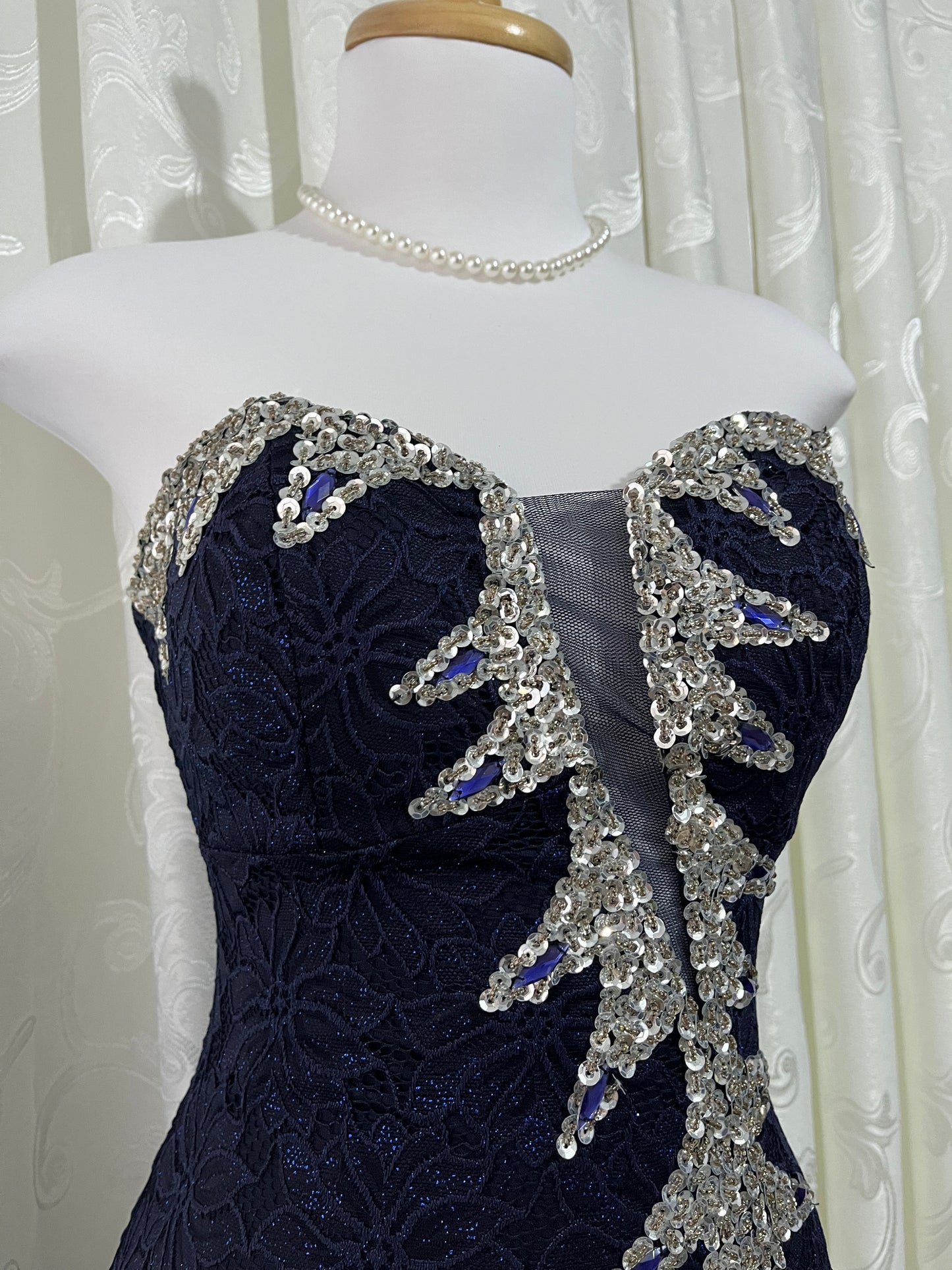 Dark blue corset lace dress with embroidered design