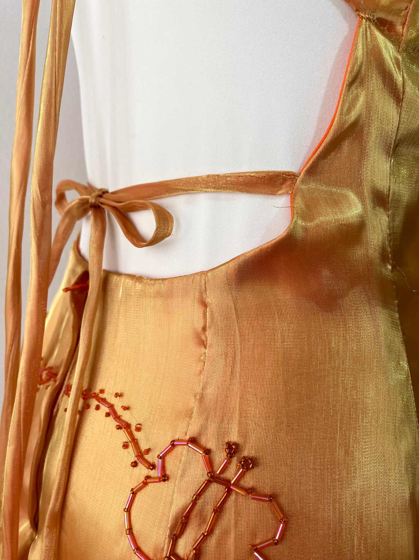 Gradient amber gown with asymmetrical overskirt and beaded embroidery-size S