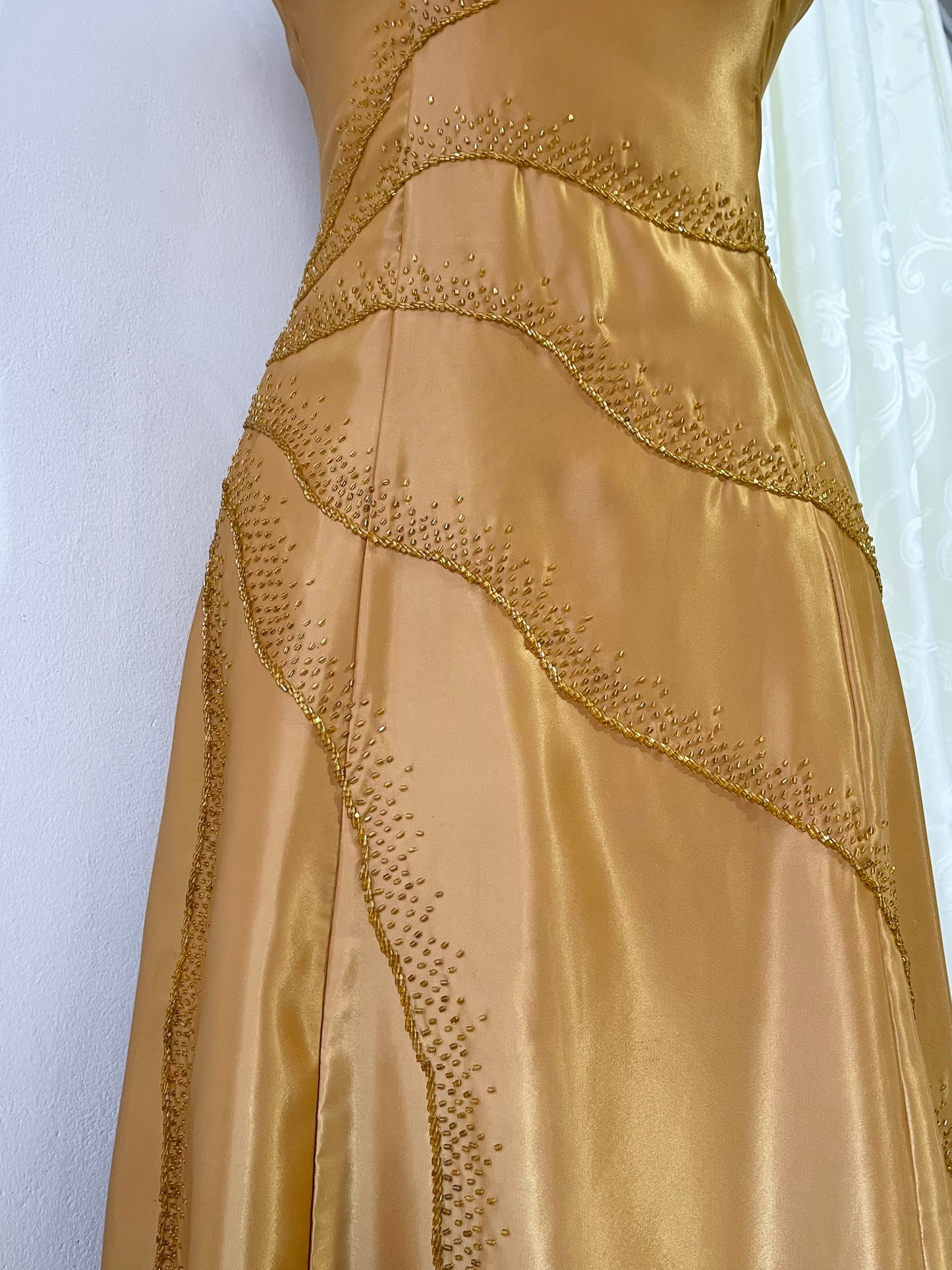 Honey yellow corset dress with hand embroidered rhinestones and beads-size L