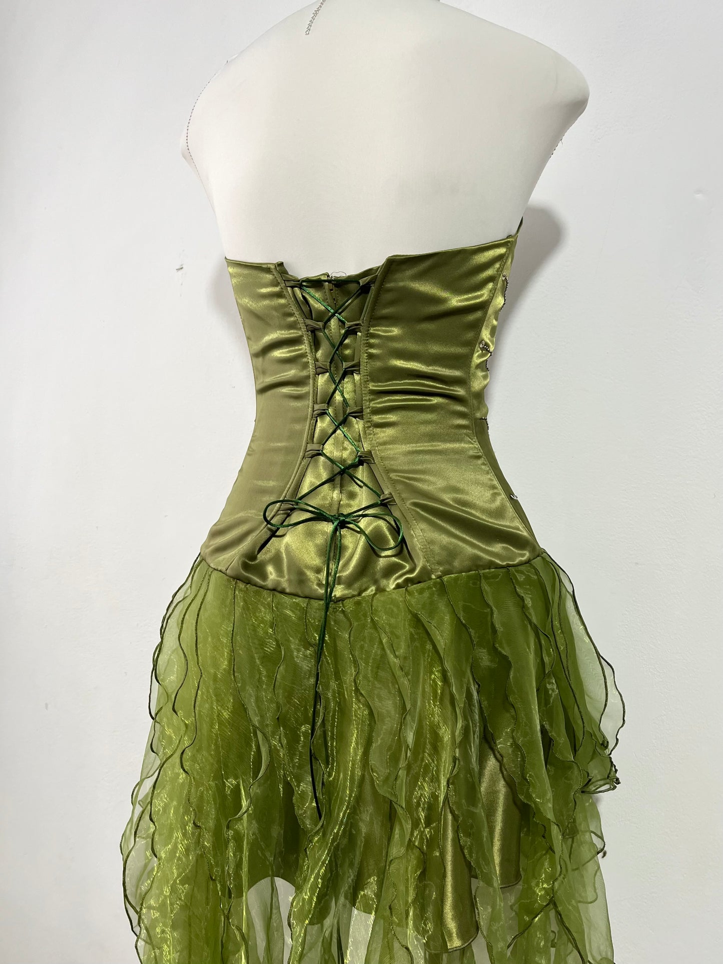 Olive green high-low corset dress with hand-embroidered rhinestones and ruffles- size S