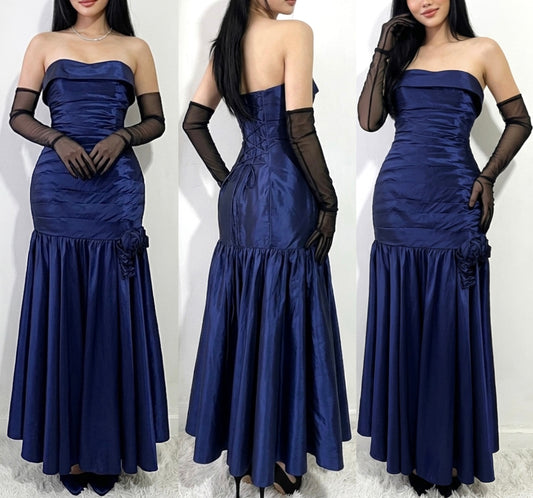 Dark blue strapless gown with corset design and handcrafted rose detail-size S