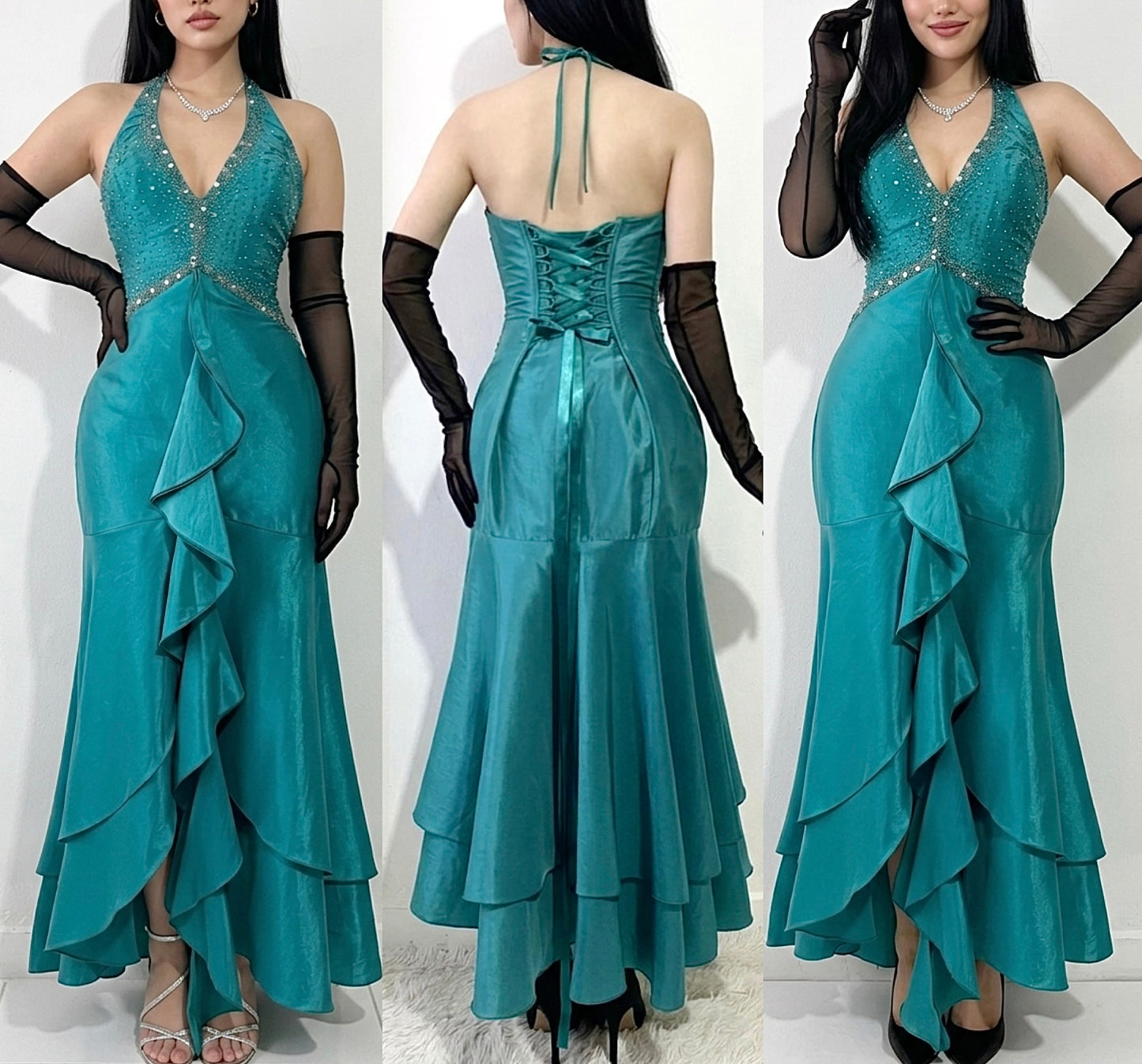Teal mermaid style corset dress with hand embroidered rhinestones and beads-size S