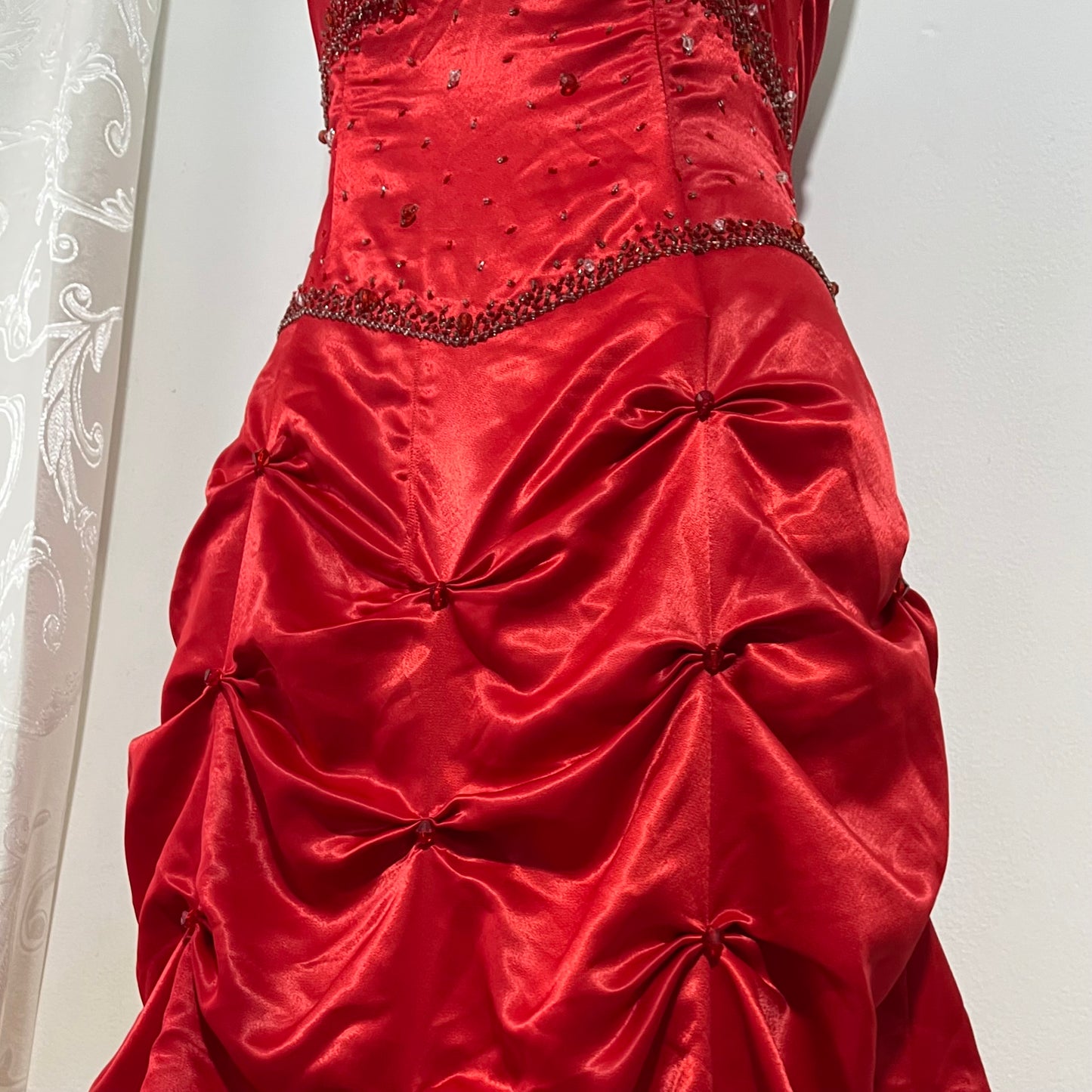 Red strapless corset evening gown with sequins and hand-sewn rhinestones- size M/L