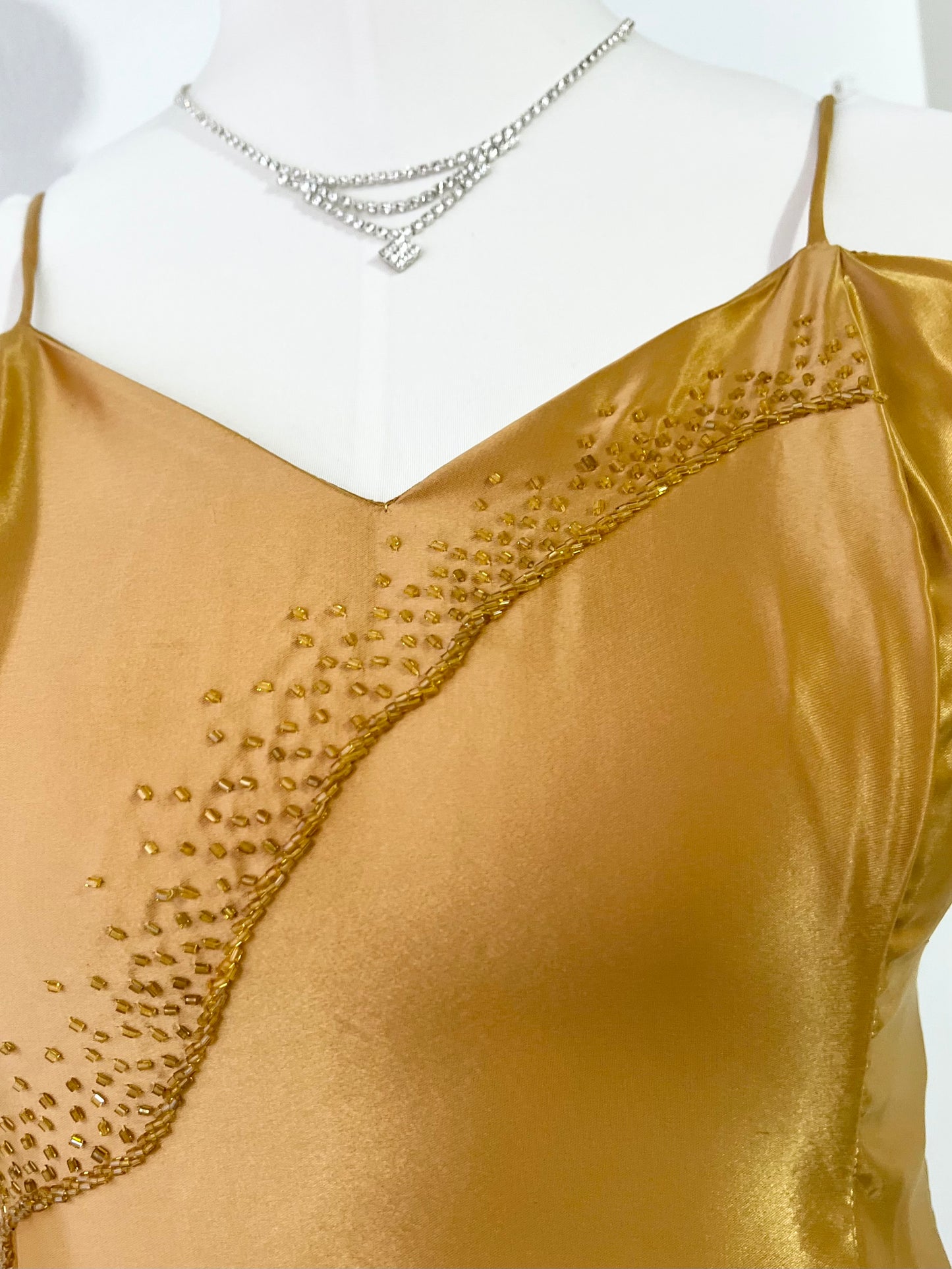Honey yellow corset dress with hand embroidered rhinestones and beads-size L