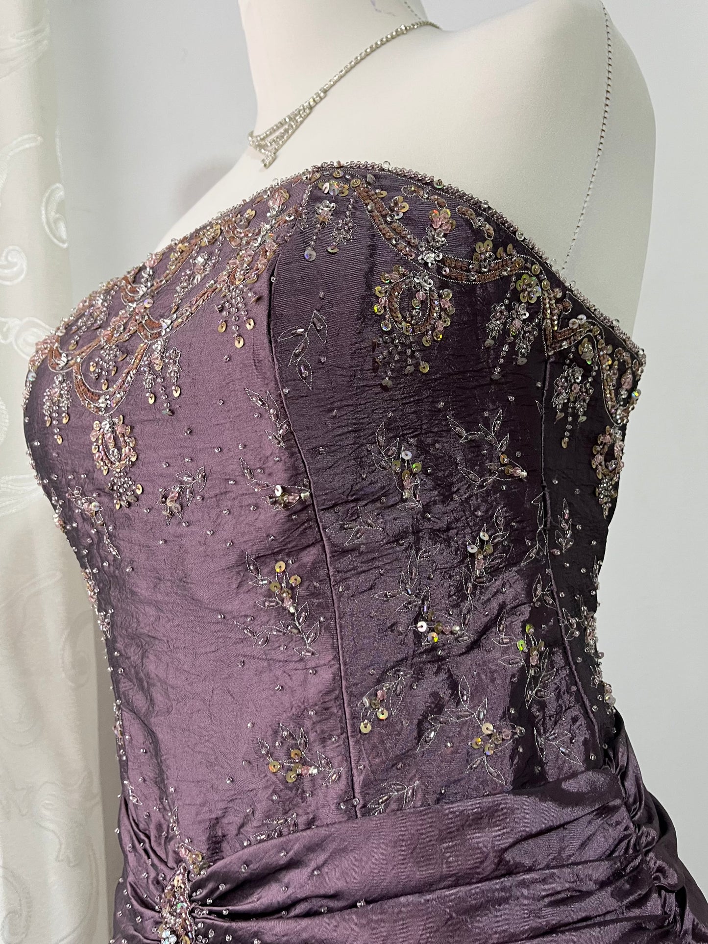 Vintage taffeta evening corset dress with hand embroidered embellishments and rhinestones