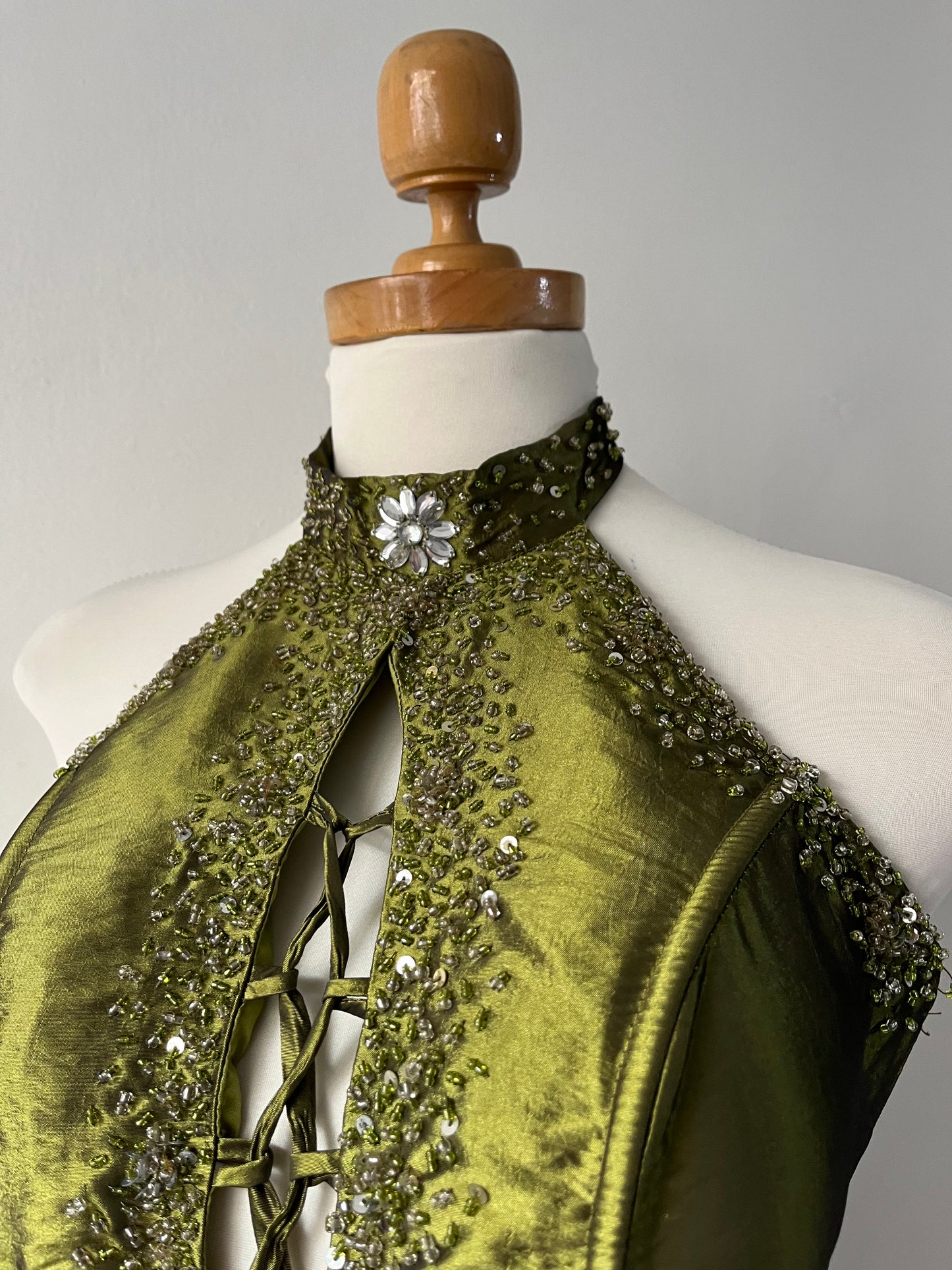 Iridescent taffeta green corset dress with exquisite hand embroidery of sequins and rhinestones- size S