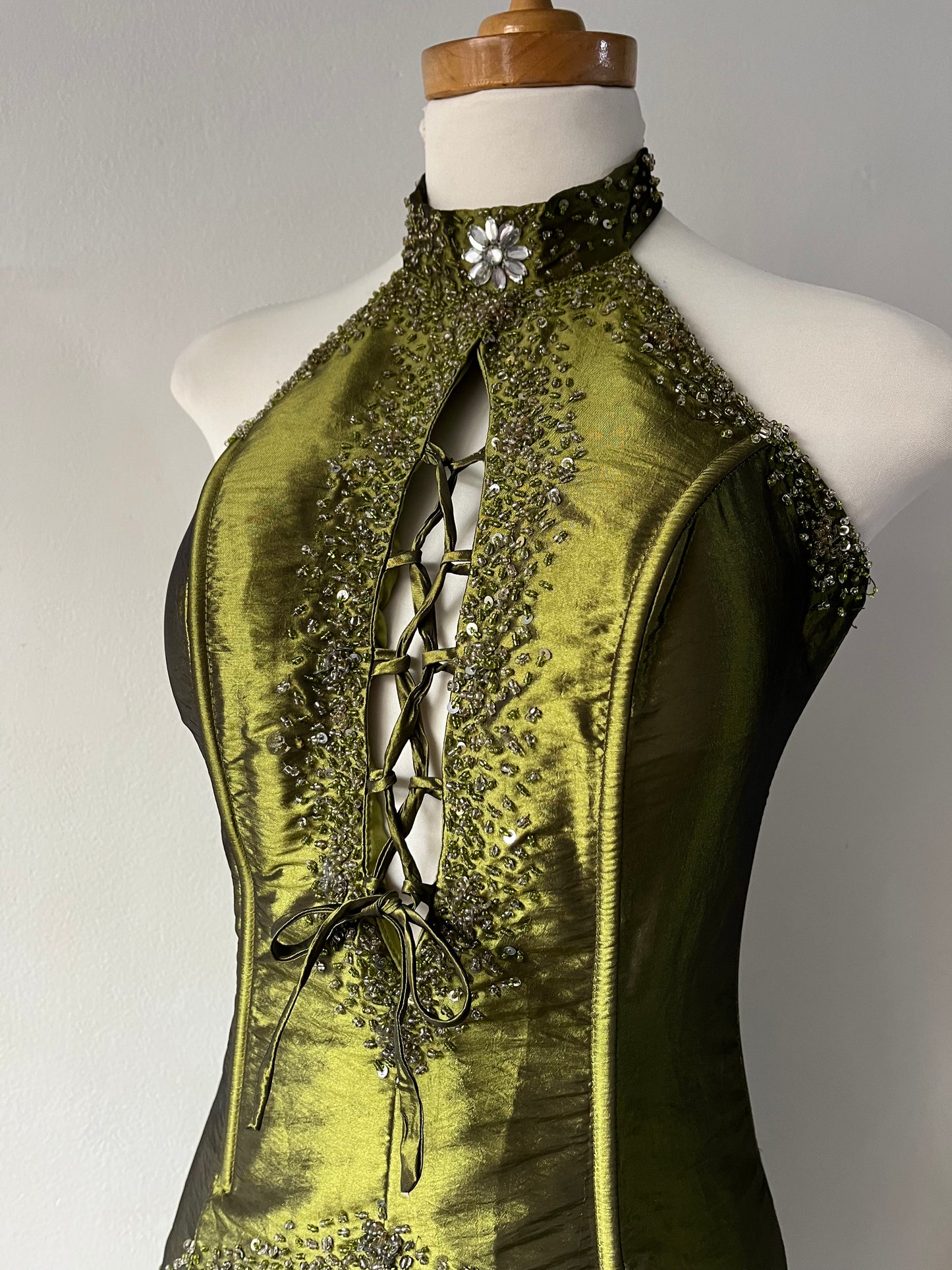Iridescent taffeta green corset dress with exquisite hand embroidery of sequins and rhinestones- size S