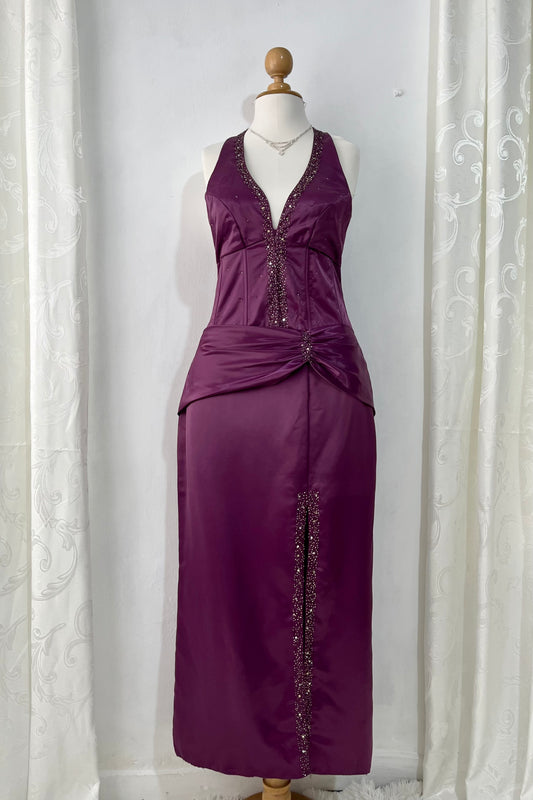 Purple satin corset dress with halter neckline and embroidered embellishments-size L