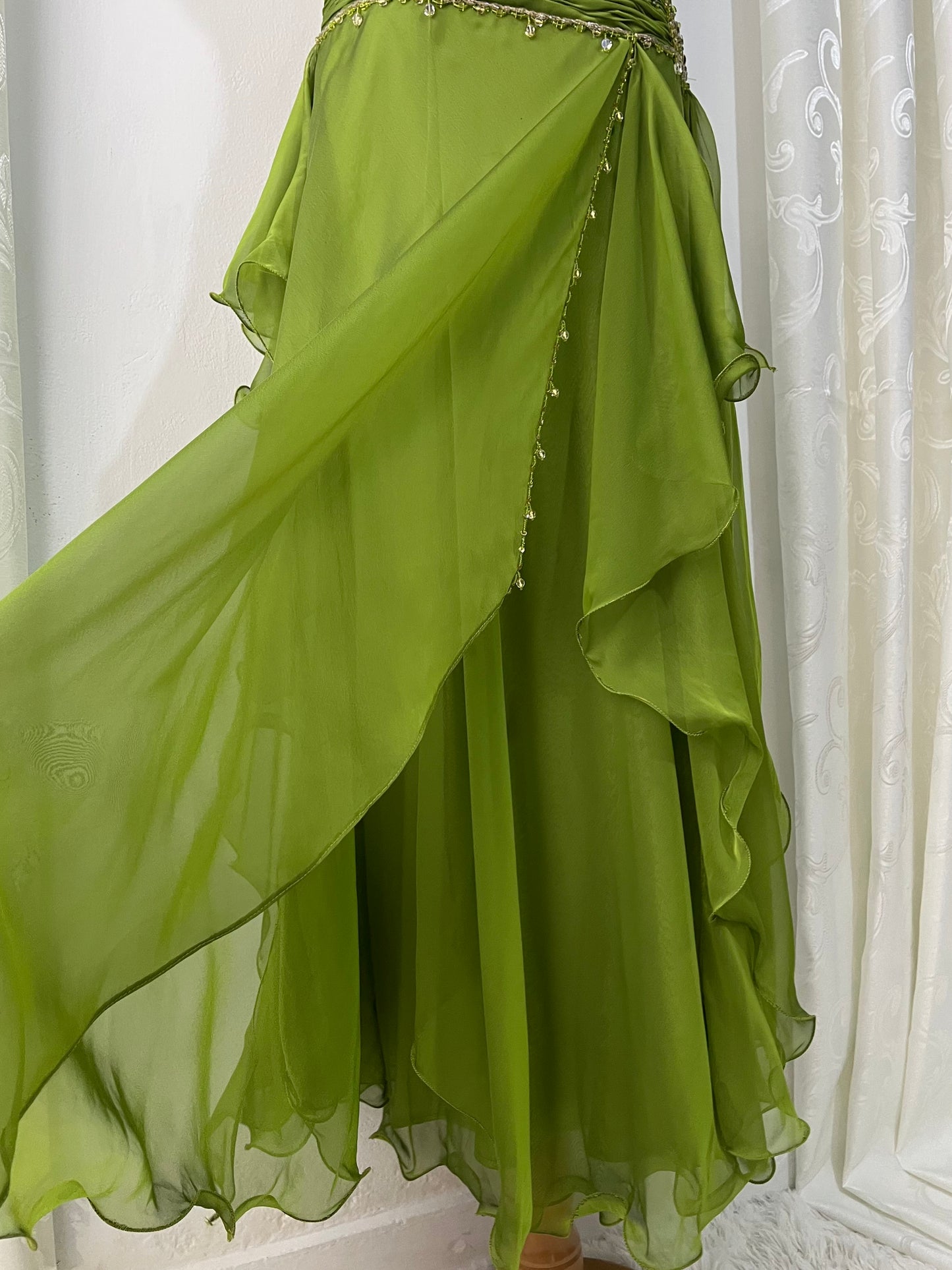 Dreamy fairy olive green dress with rhinestone and bead embroidery