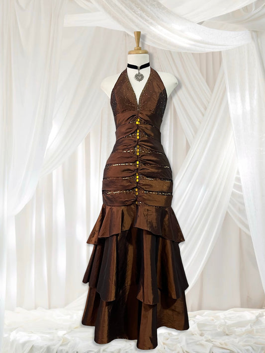 Shimmery brown corset dress with exquisite rhinestone embroidery and embellishments-size S