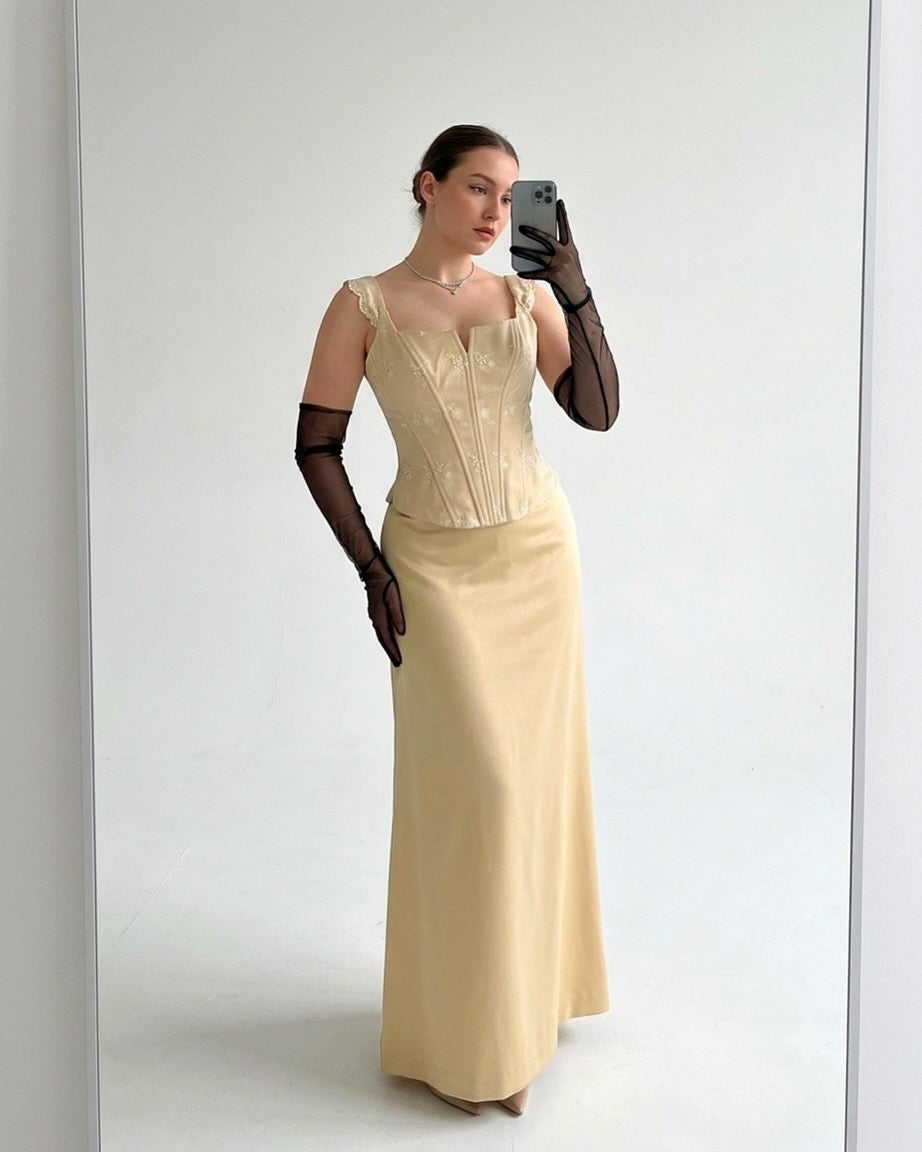 Pale gold satin silk set 2 piece corset and maxi skirt- Size M