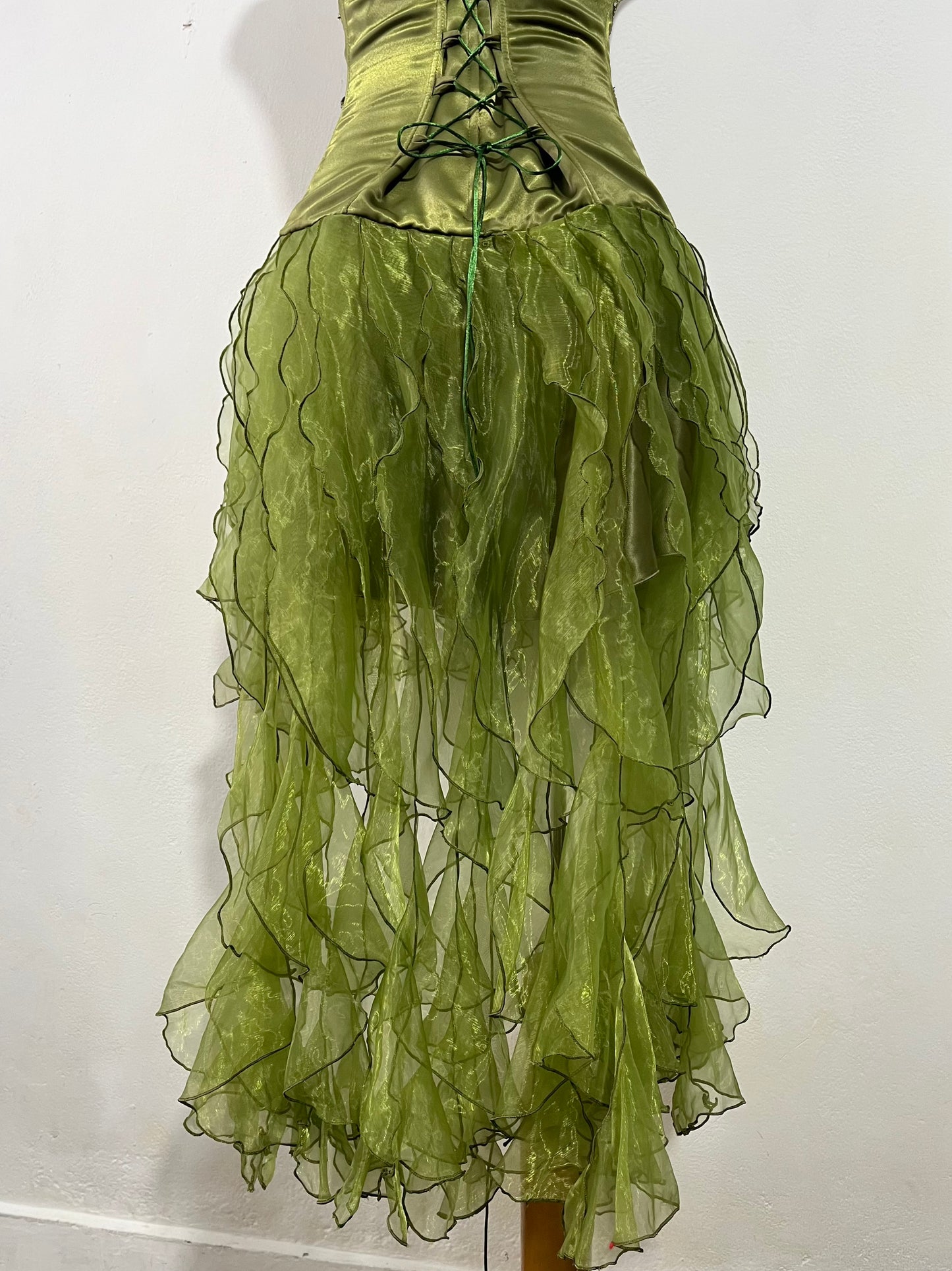 Olive green high-low corset dress with hand-embroidered rhinestones and ruffles- size S