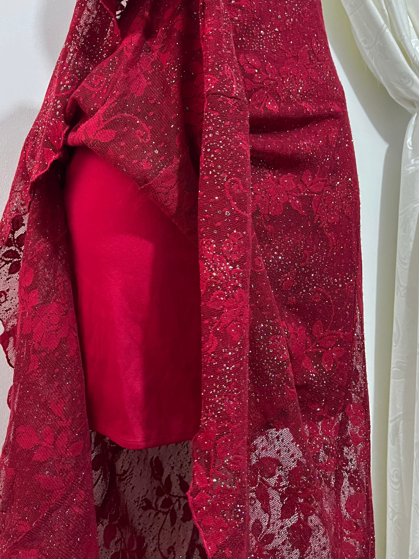 Red lace high-low dress with silver sparkles- size M/L