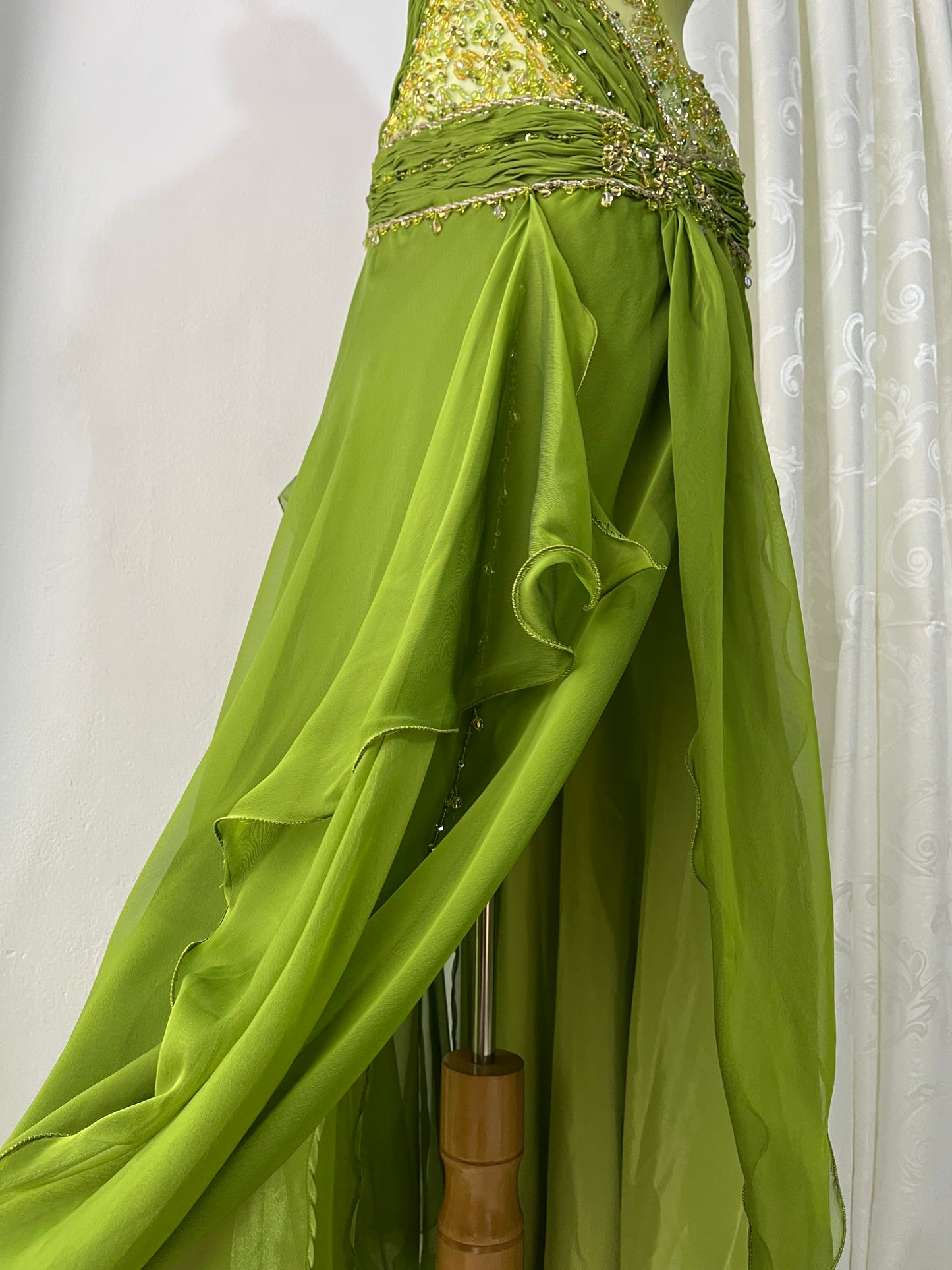 Dreamy fairy olive green dress with rhinestone and bead embroidery