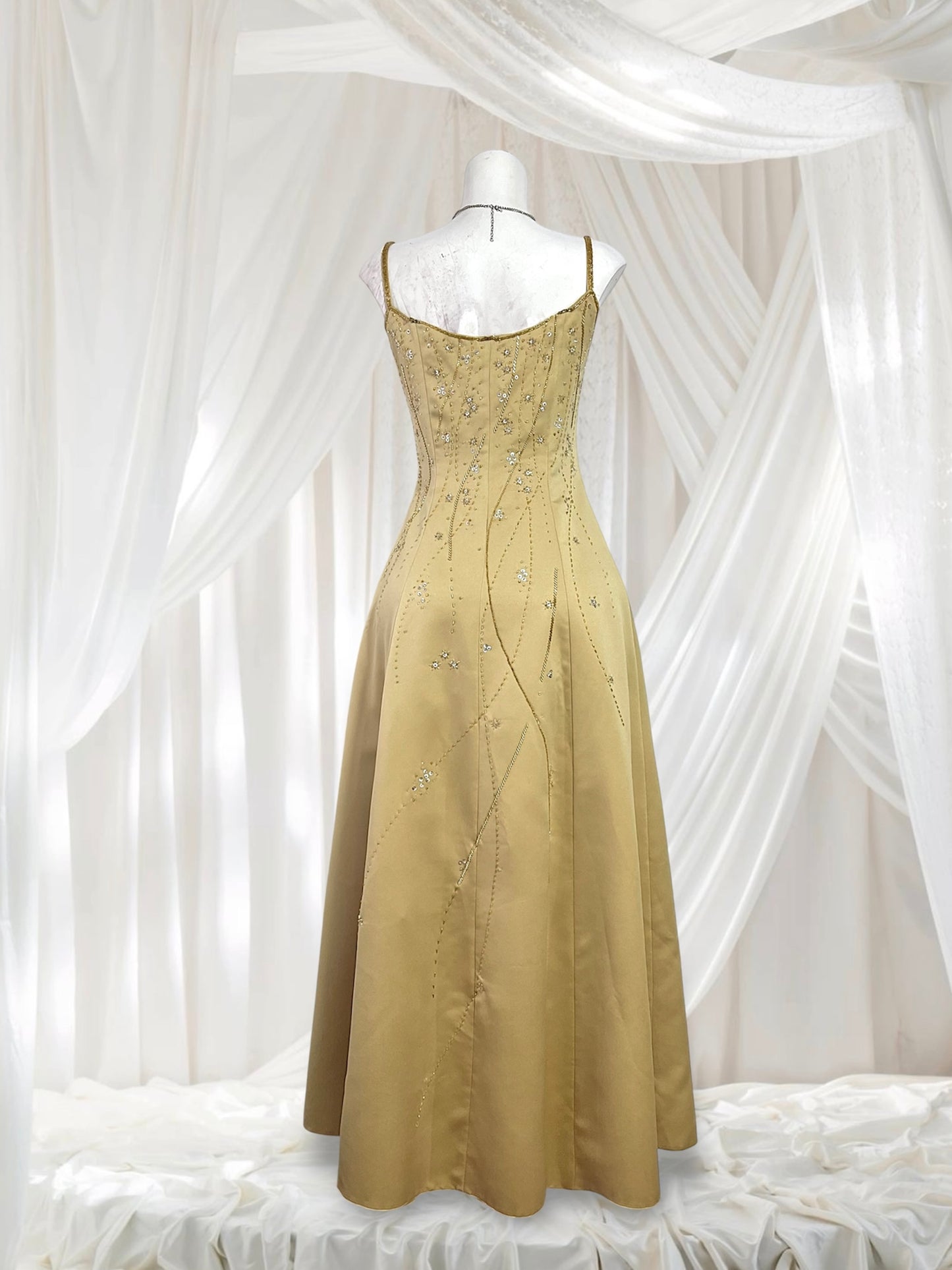 Champagne evening dress with exquisite handmade floral embroidery- size S