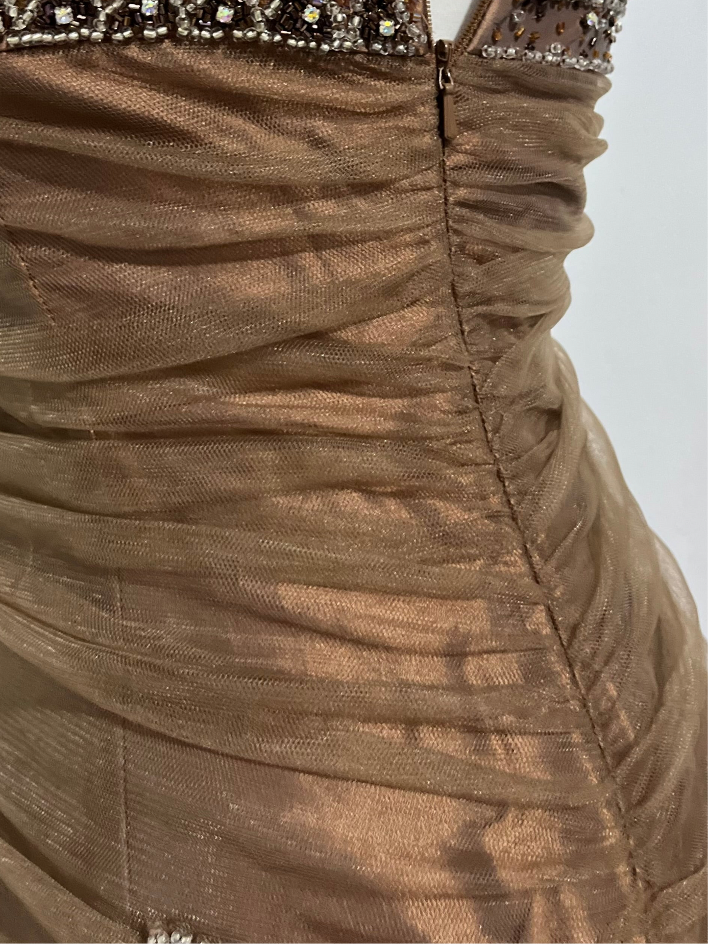 Bronze evening gown with embroidered designs of rhinestones and embellishments-size M