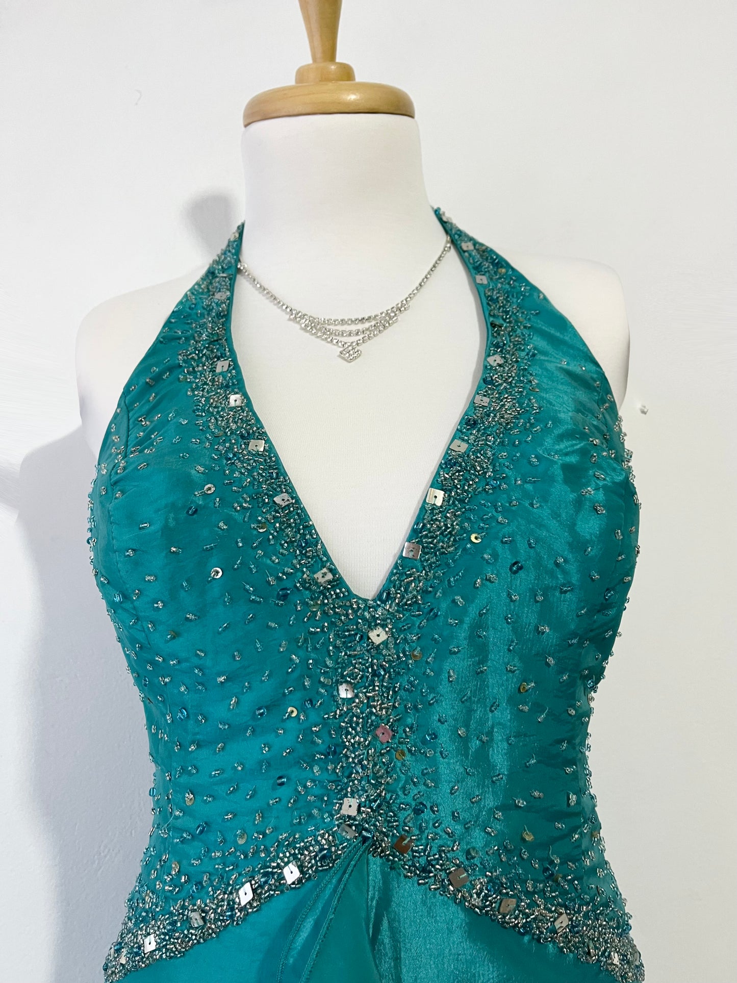 Teal mermaid style corset dress with hand embroidered rhinestones and beads-size S