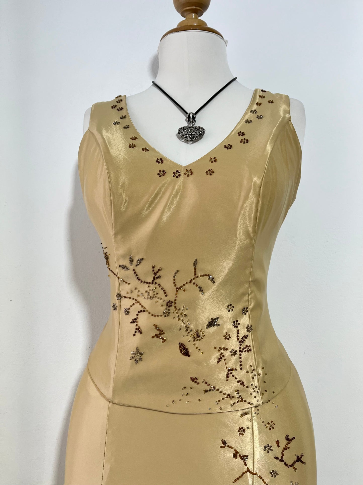 Champagne satin beaded set, 2 pieces, Corset & Maxiskirt - size M/L