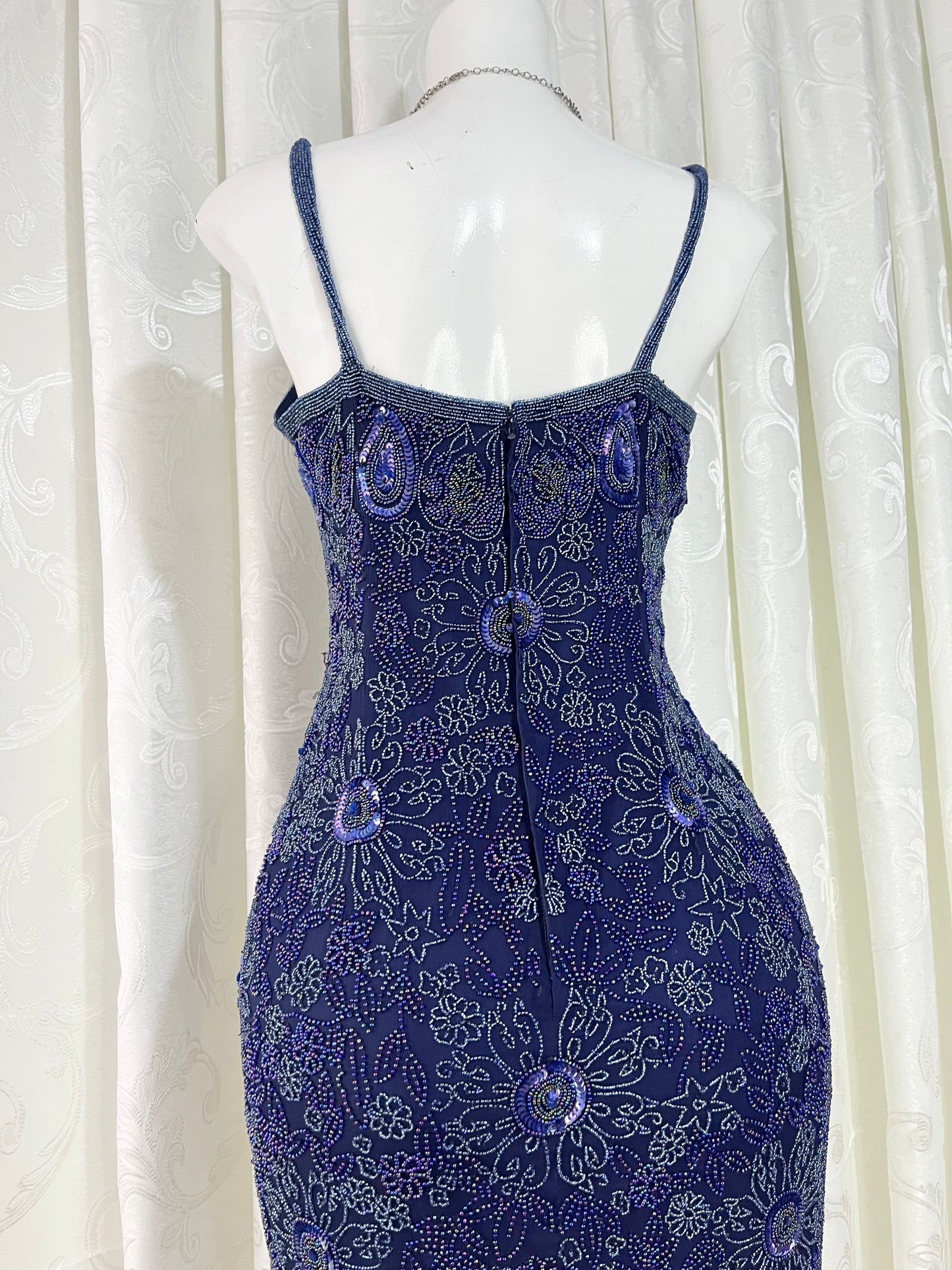 Navy silk mini dress with exquisite handmade raised floral embroidery-size S
