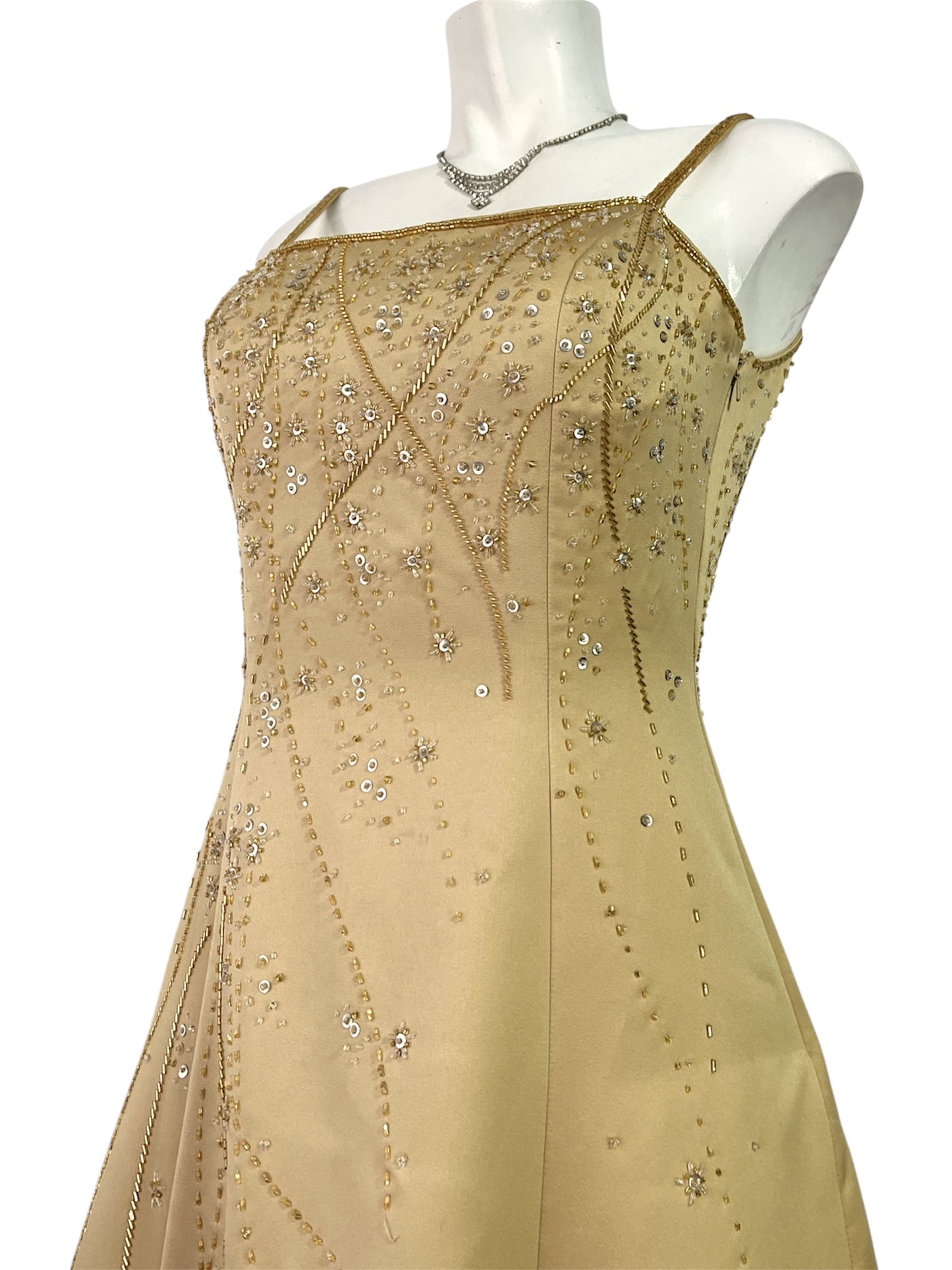 Champagne evening dress with exquisite handmade floral embroidery- size S