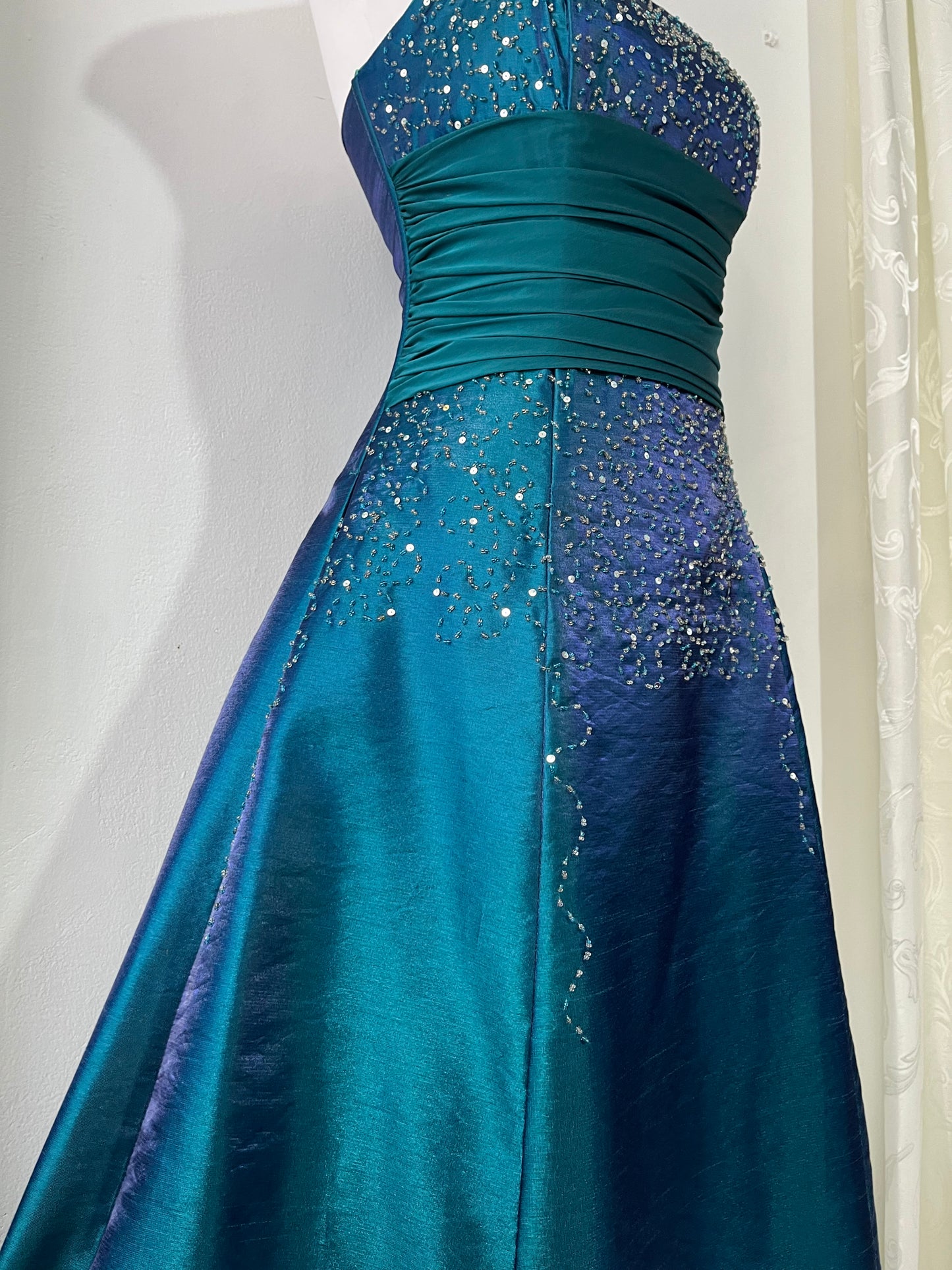 Iridescent teal corset dress with exquisite embellishments and hand-embroidered beads+ matching shawl
