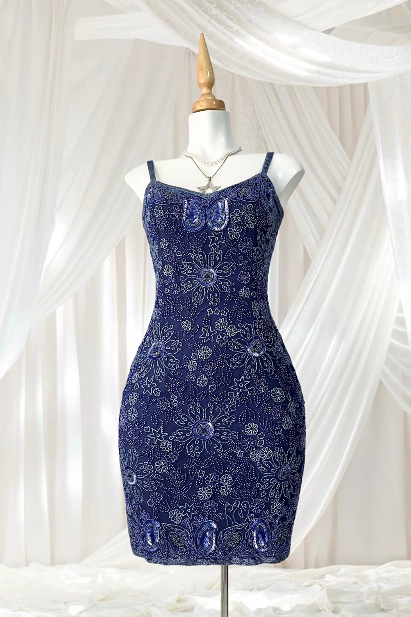 Navy silk mini dress with exquisite handmade raised floral embroidery-size S