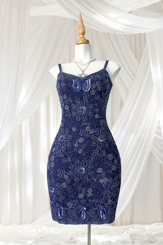 Navy silk mini dress with exquisite handmade raised floral embroidery-size S