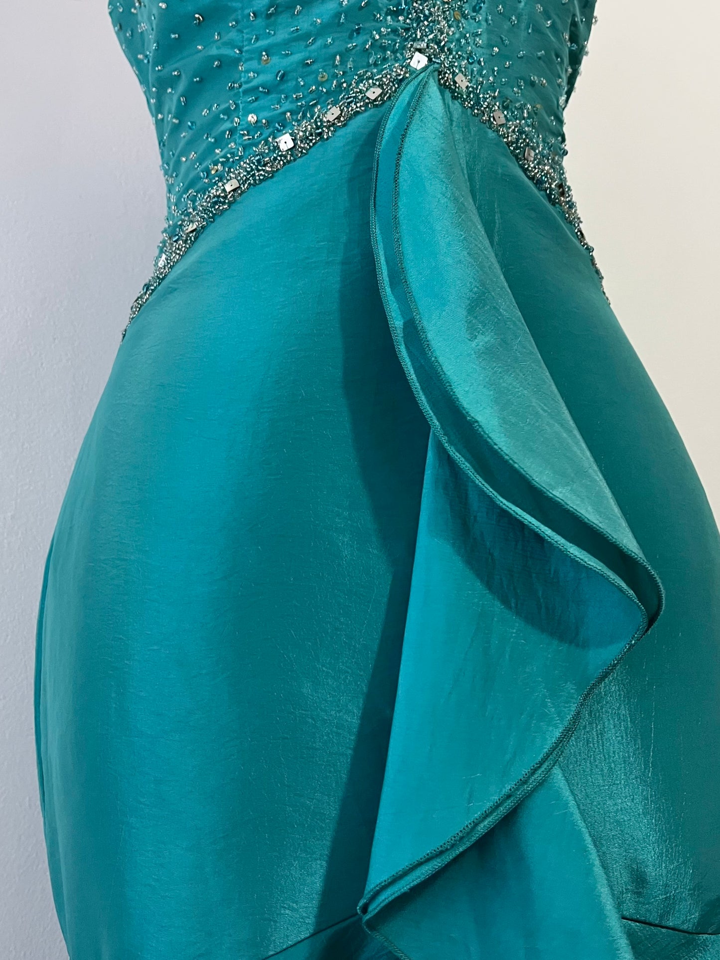Teal mermaid style corset dress with hand embroidered rhinestones and beads-size S