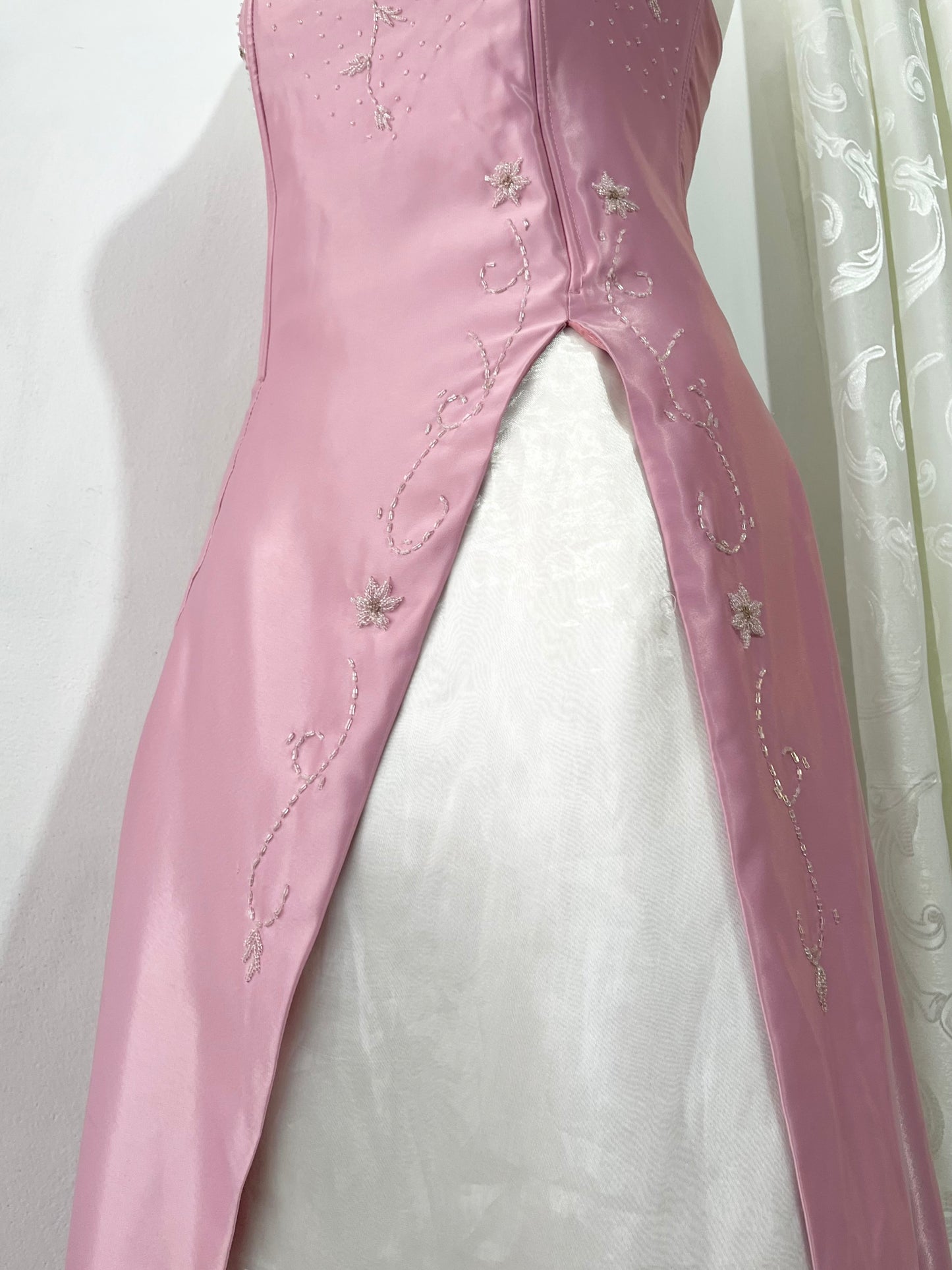 Mauve pink corset gown with sequin designs and hand-embroidered embellishments-size M