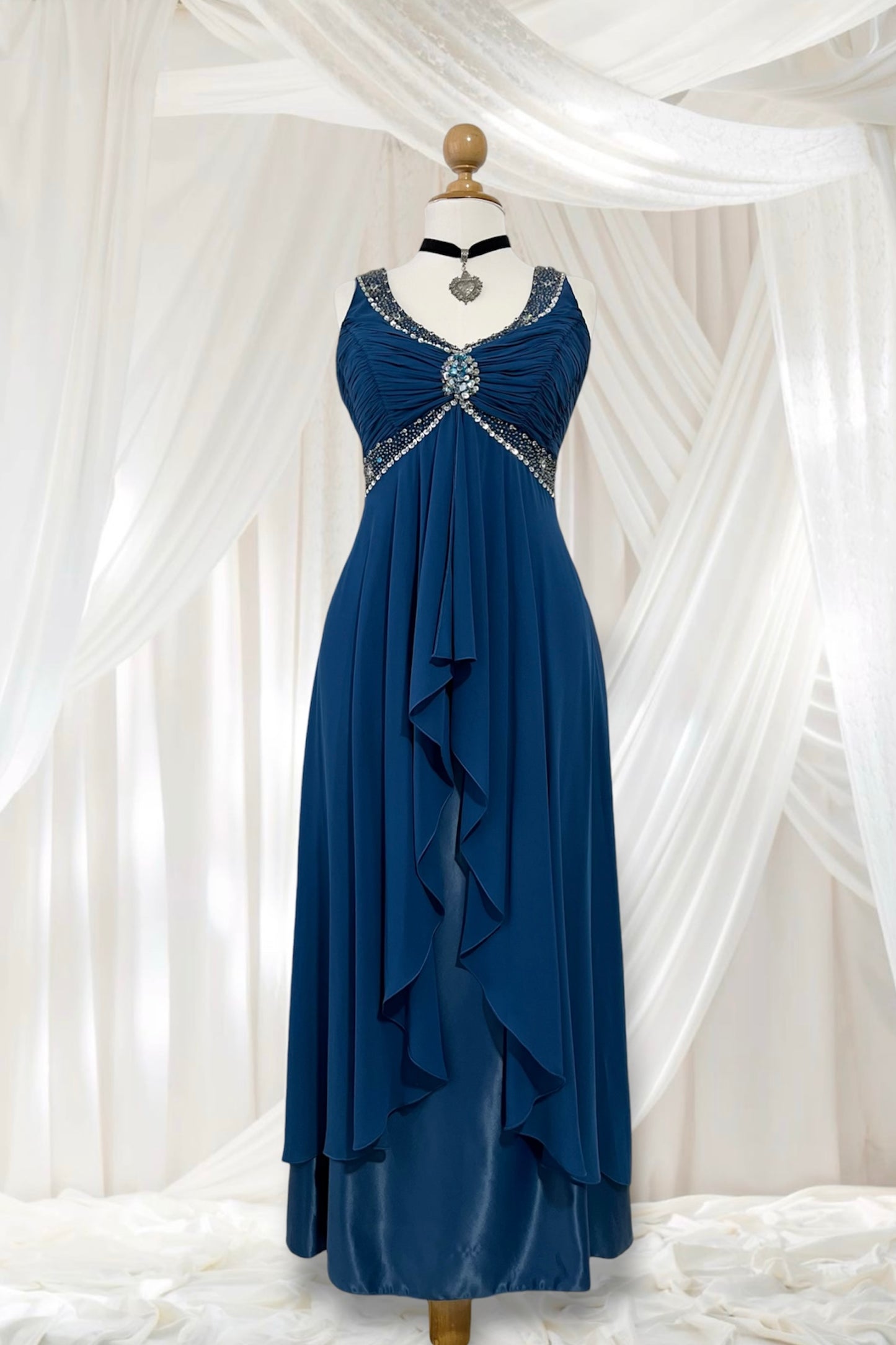 Navy blue corset dress in satin and tulle with rhinestone embroidery- size L/XL