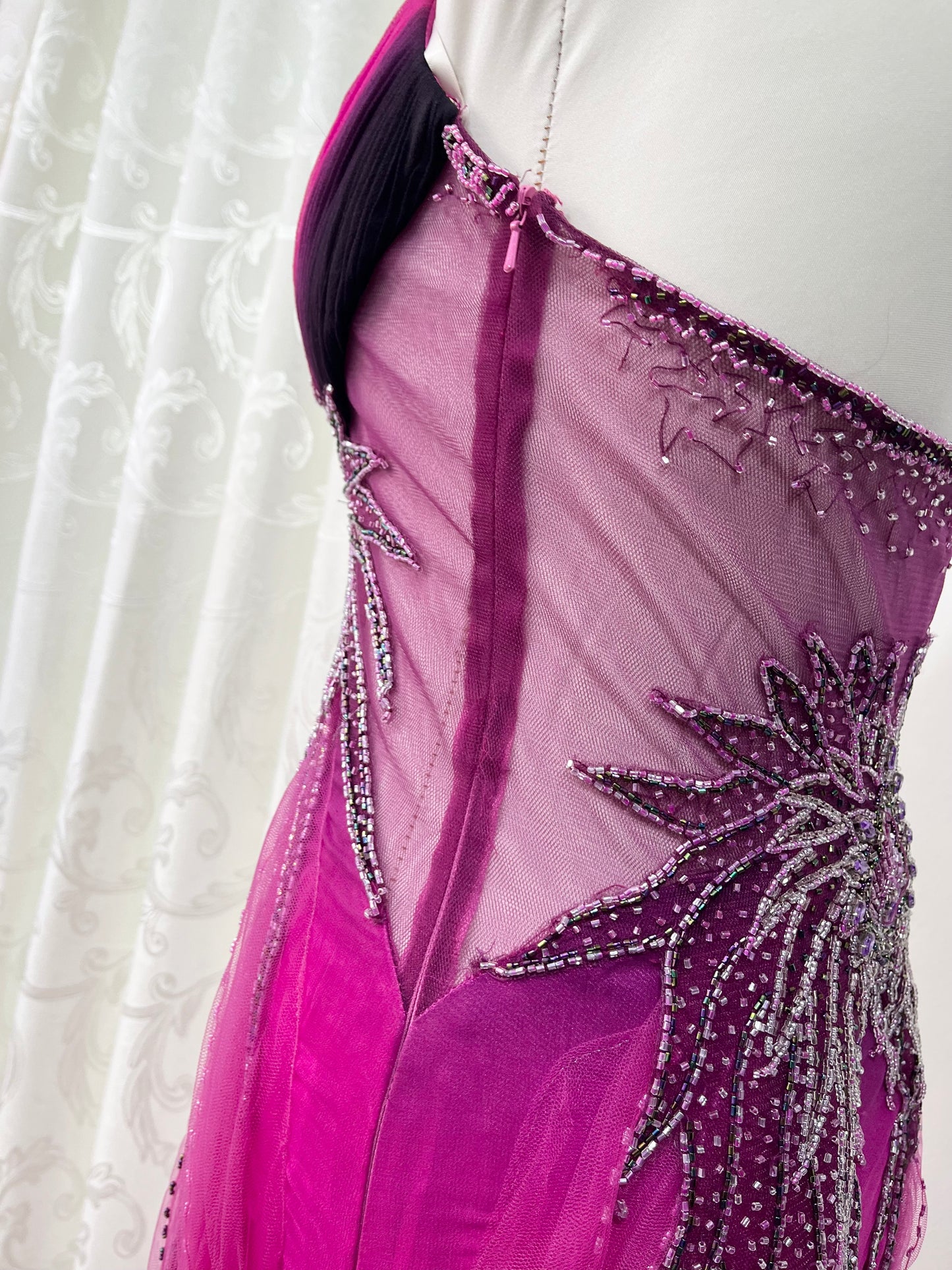 Magenta silk and chiffon dress with rhinestones and fine embroidered sequins