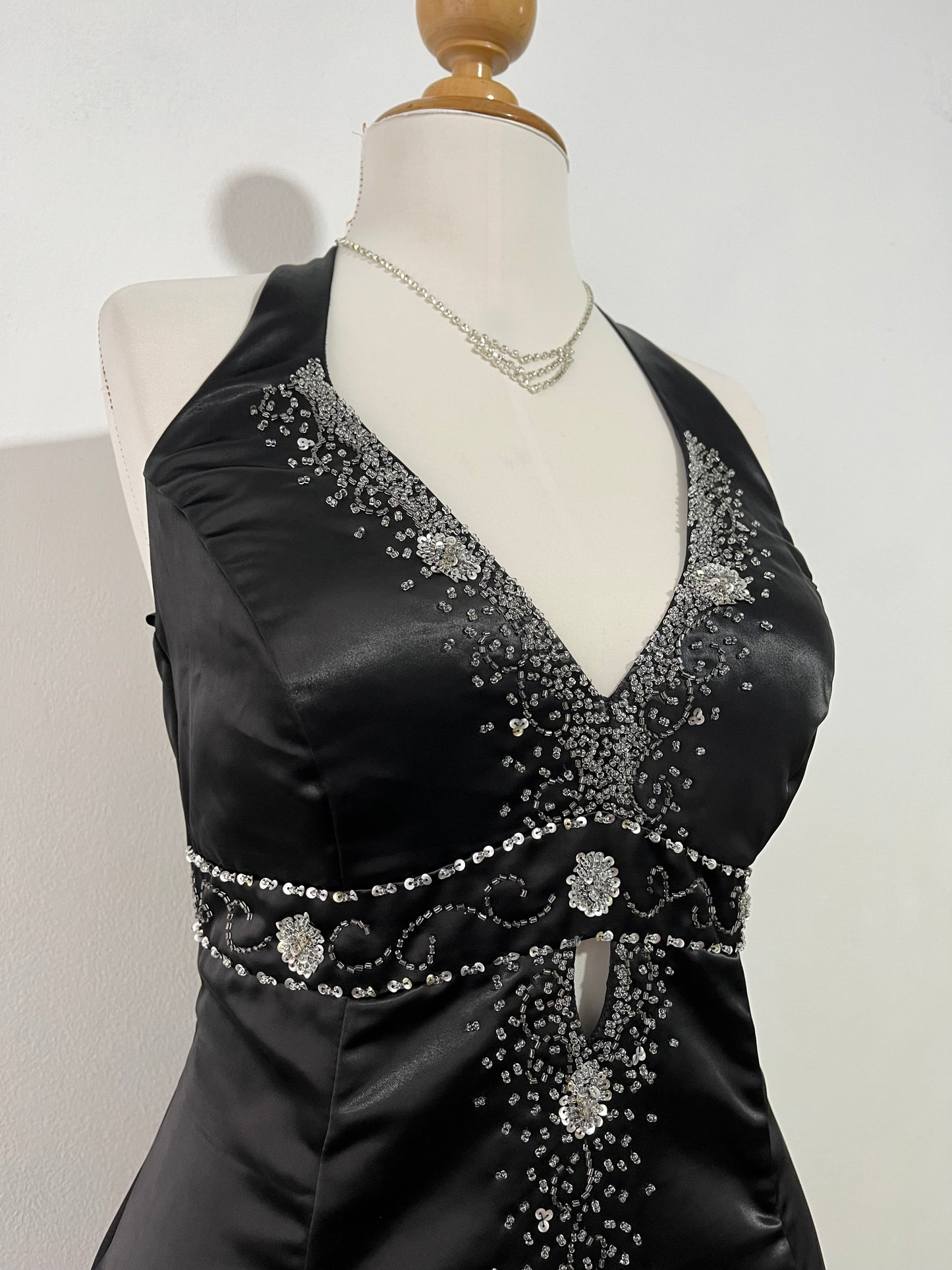 Noir silk satin halter corset dress with exquisite rhinestone embroidery- size L/XL