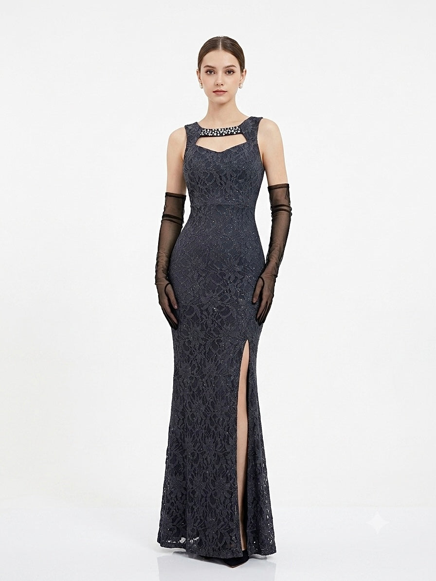 Lace maxi dress with silver appliqués, mermaid cut, beaded embroidery on the bodice, and a side slit- size S