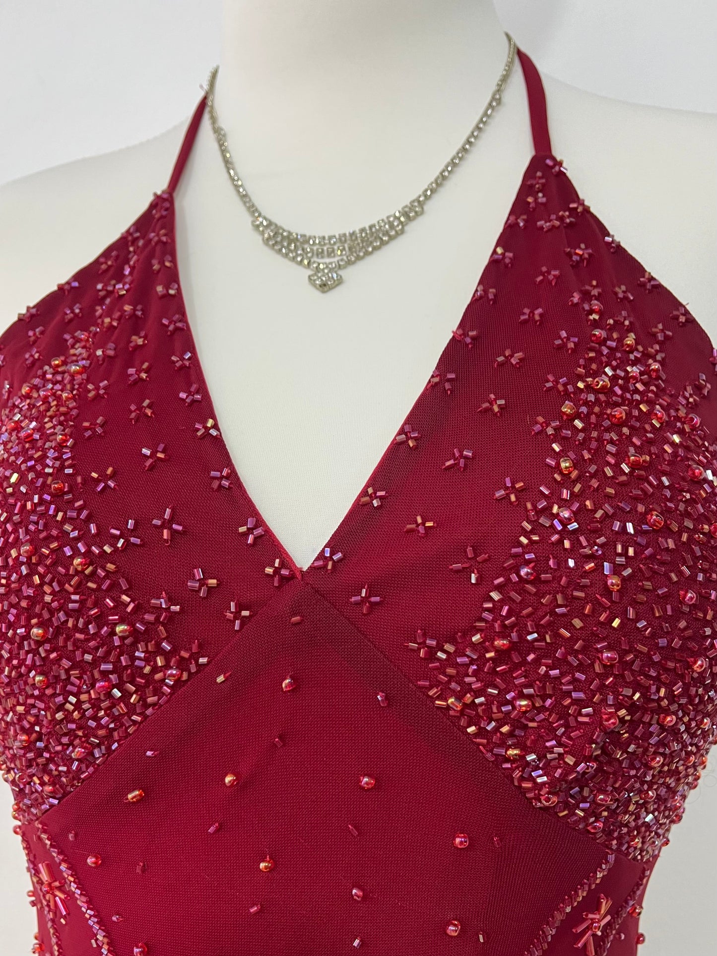 Red dress with rhinestone and fine sequin embroidery