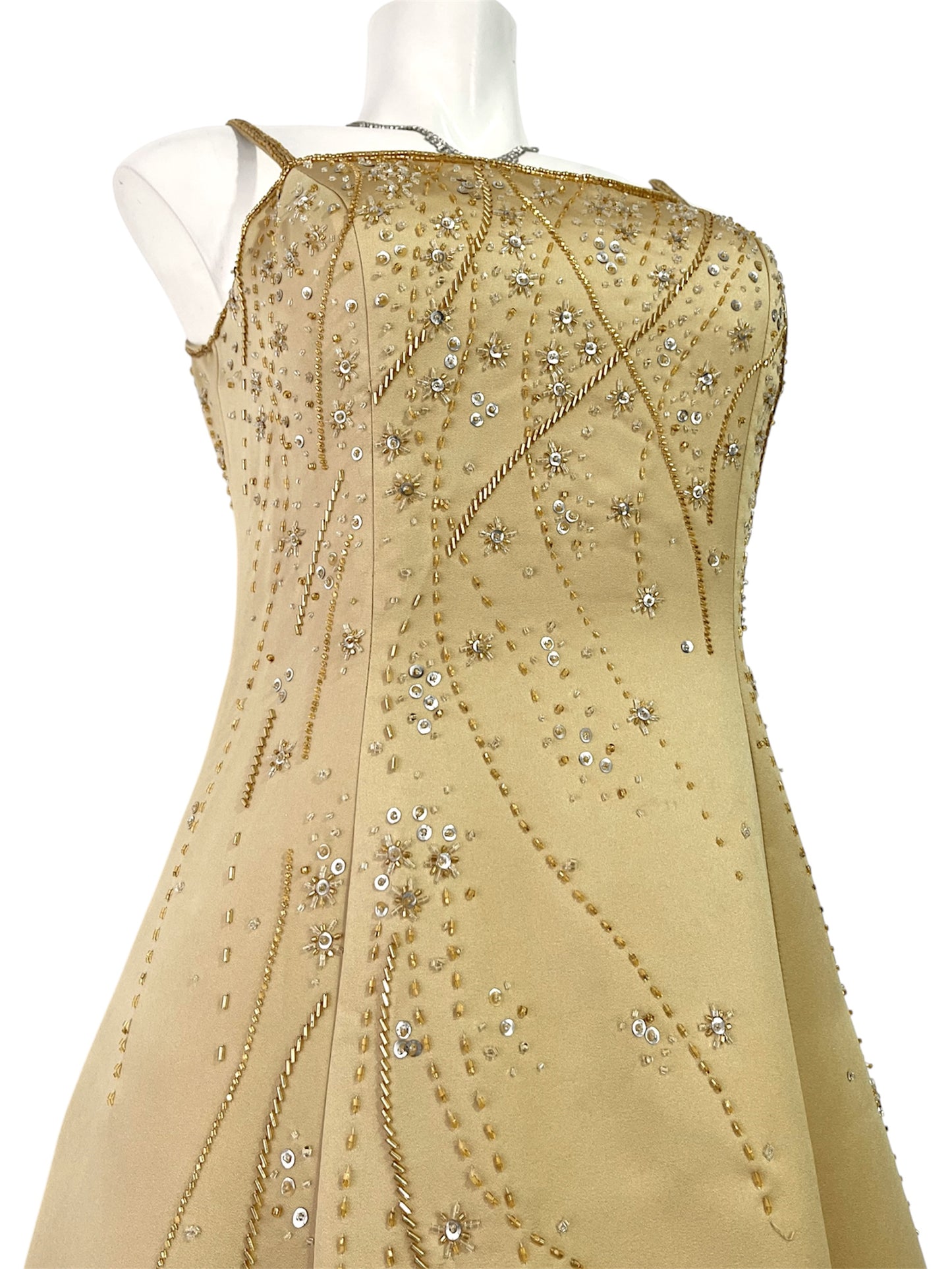 Champagne evening dress with exquisite handmade floral embroidery- size S