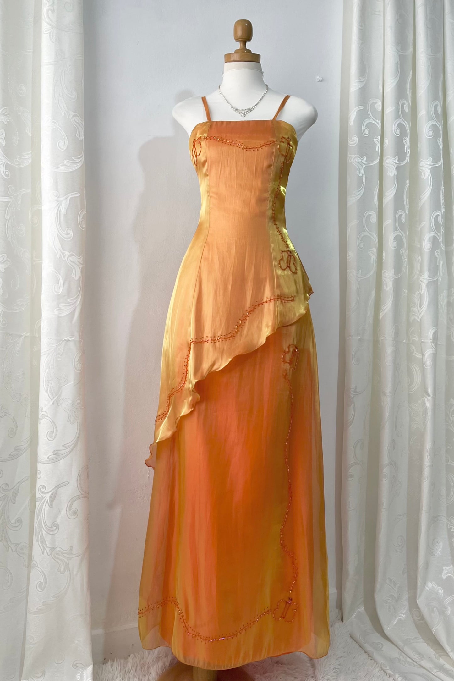Gradient amber gown with asymmetrical overskirt and beaded embroidery-size S