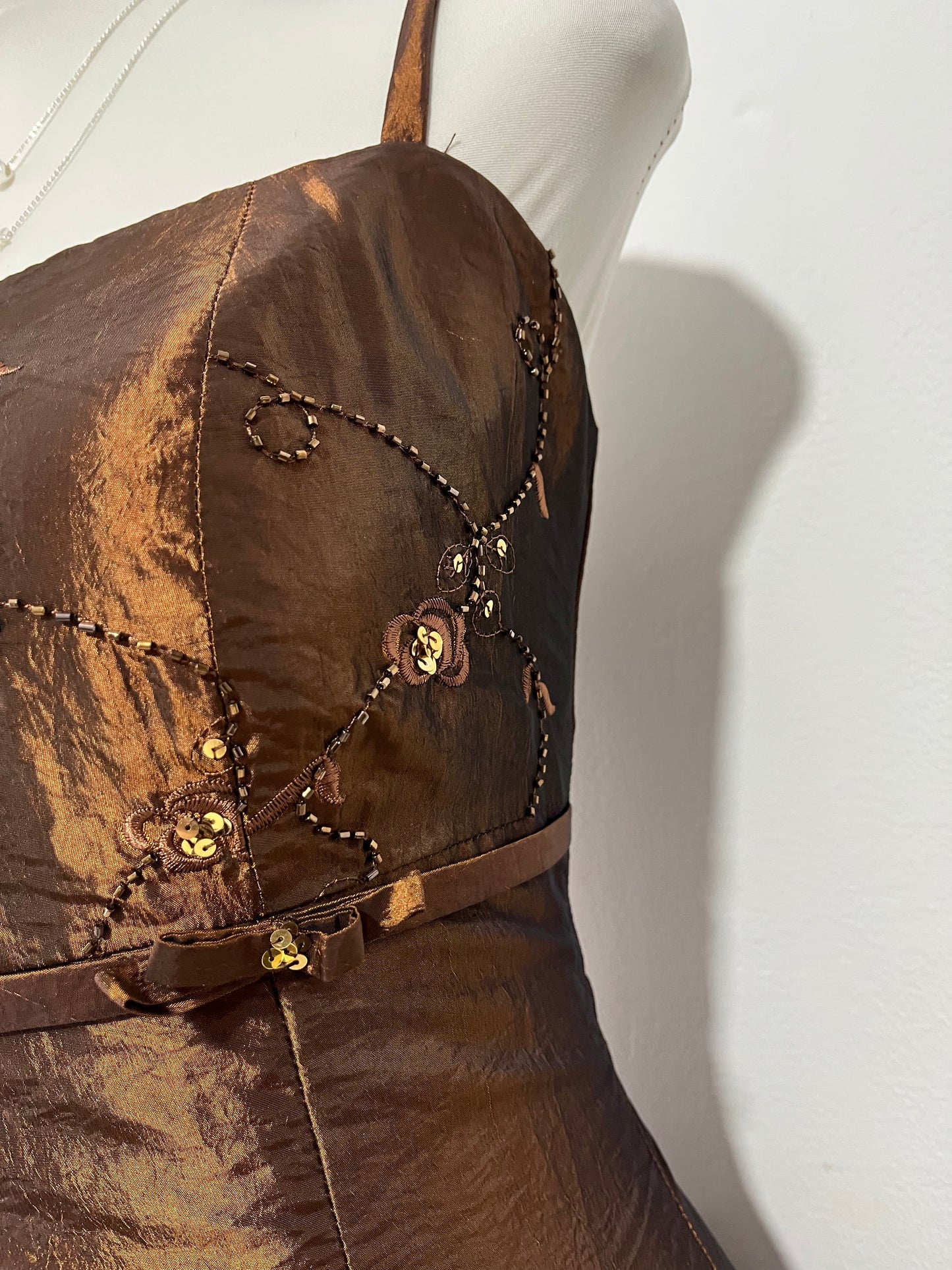 Vintage copper brown taffeta evening dress with bead embroidery, rhinestones and embellishments-size S/M
