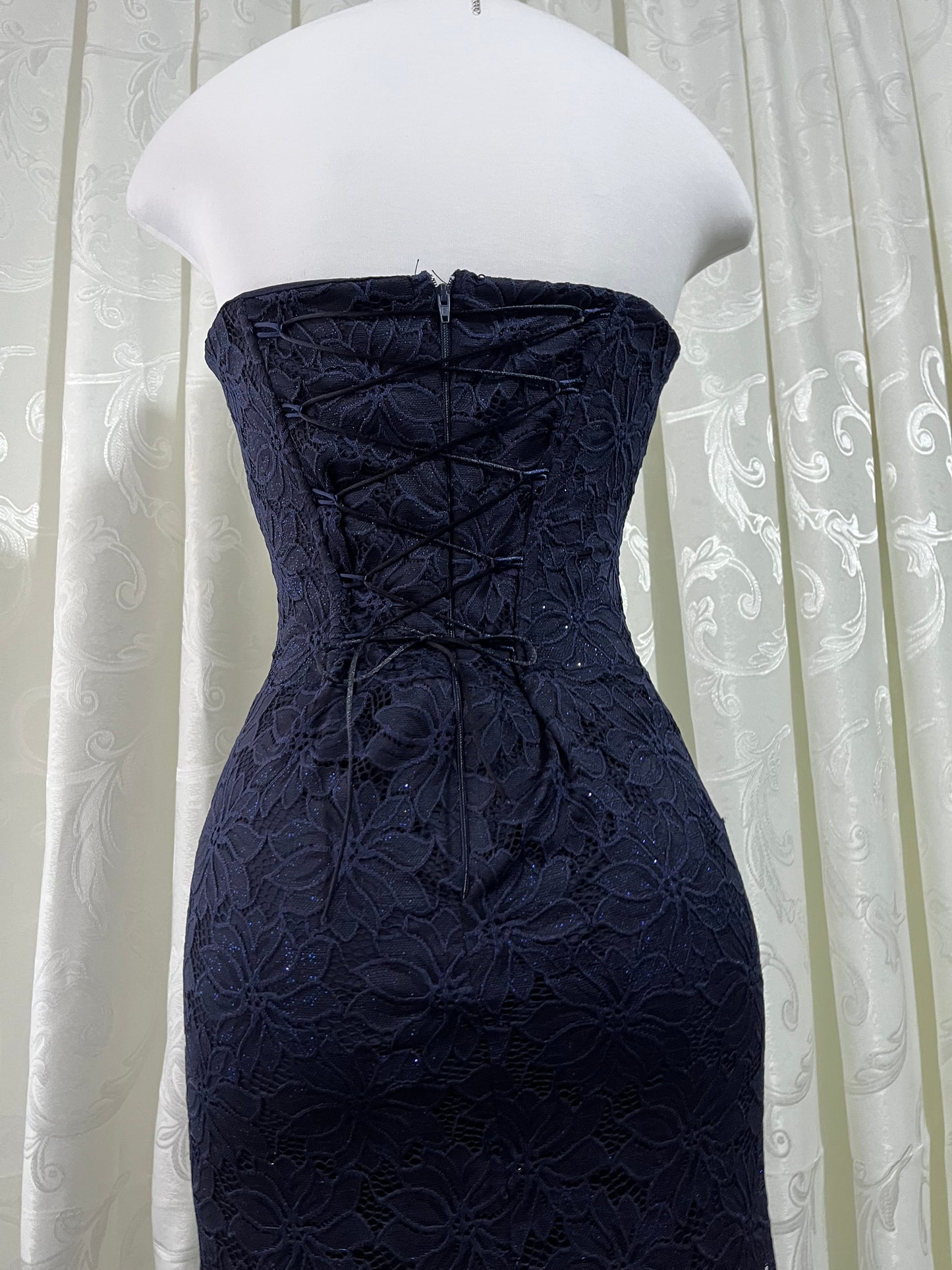 Dark blue corset lace dress with embroidered design