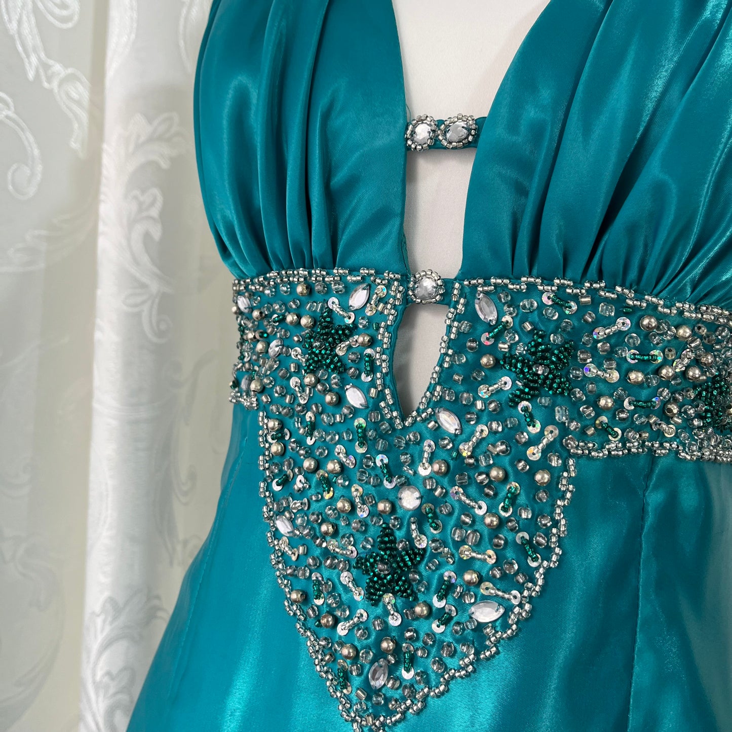 Teal satin beaded corset mini dress