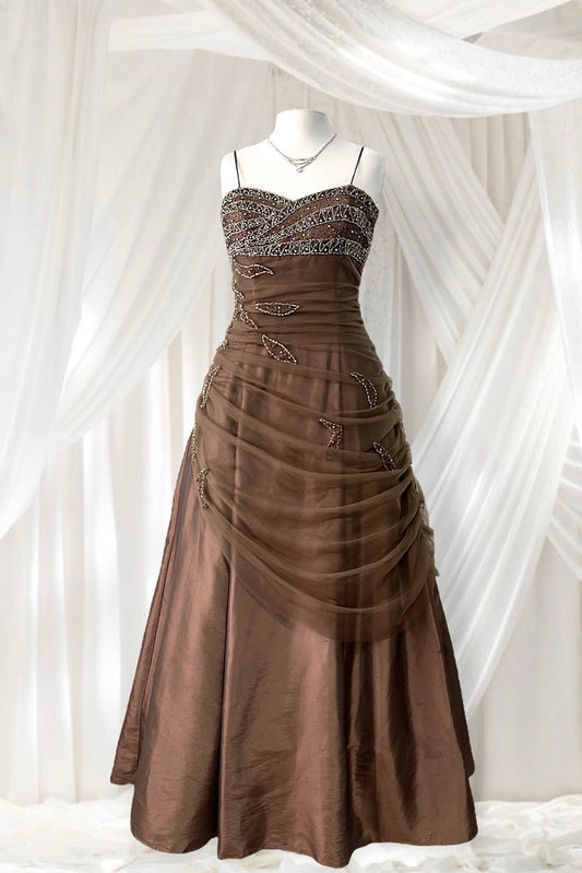 Bronze evening gown with embroidered designs of rhinestones and embellishments-size M