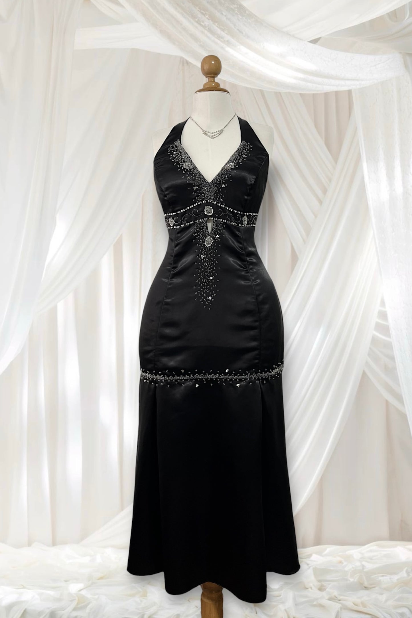 Noir silk satin halter corset dress with exquisite rhinestone embroidery- size L/XL