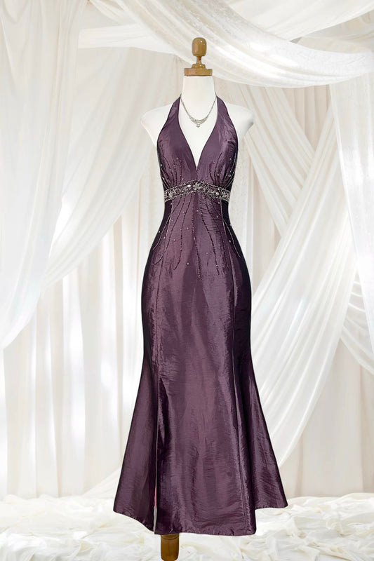 Iridescent taffeta purple corset dress with exquisite hand-embroidered sequins and rhinestones- size S